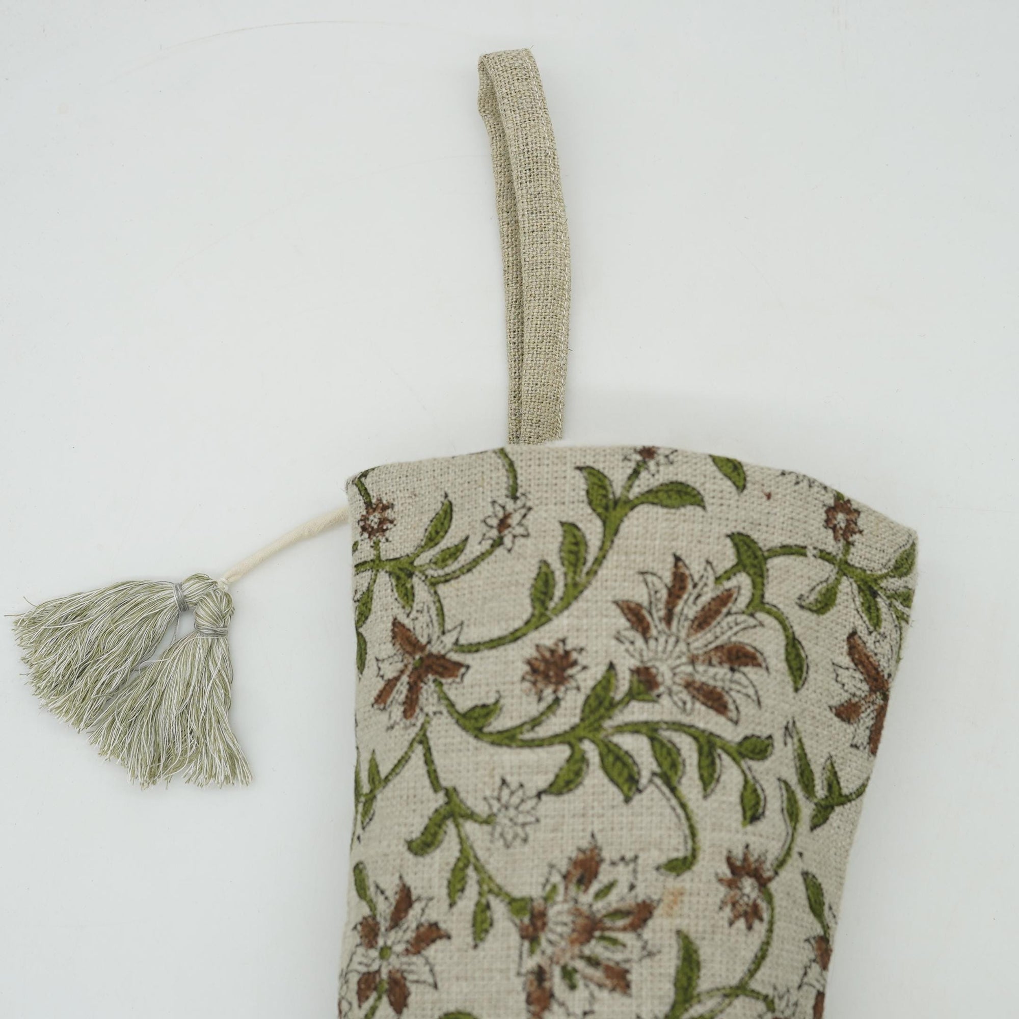 Indian Hand Block Printed Pure Linen Christmas Stocking in Blue and Gray Floral with Elegant Pom Pom Holiday Decor - Aradhana Border