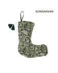 India Artisan Block Printed Christmas Stocking Green & Beige Floral Pom Pom in Thick Linen Neutral Holiday Decor – KUNDANVAN