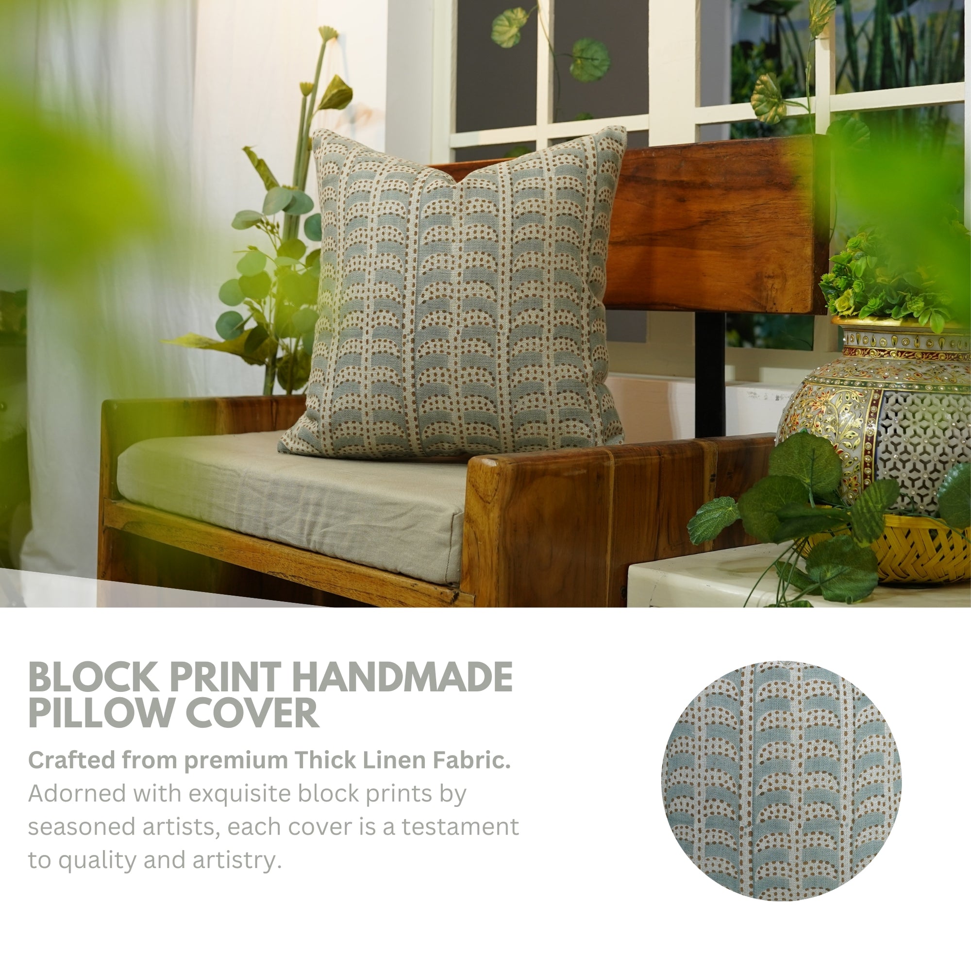 Hand Block Printed Thick Linen Designer Pillow Cover - Blue Garud
