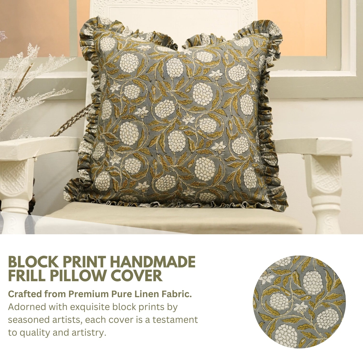 Block Printed Floral Pure Linen Frill Pillow Cover - Meraki