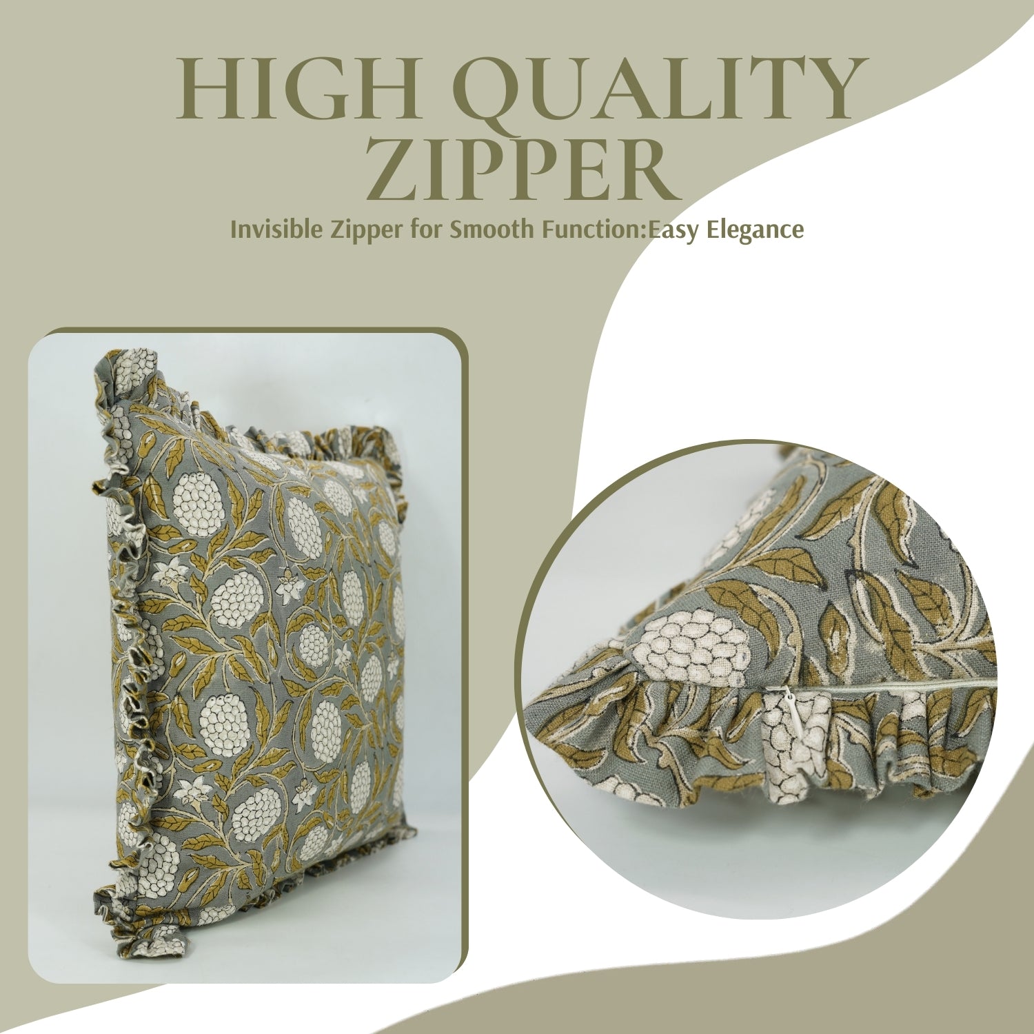 Block Printed Floral Pure Linen Frill Pillow Cover - Meraki