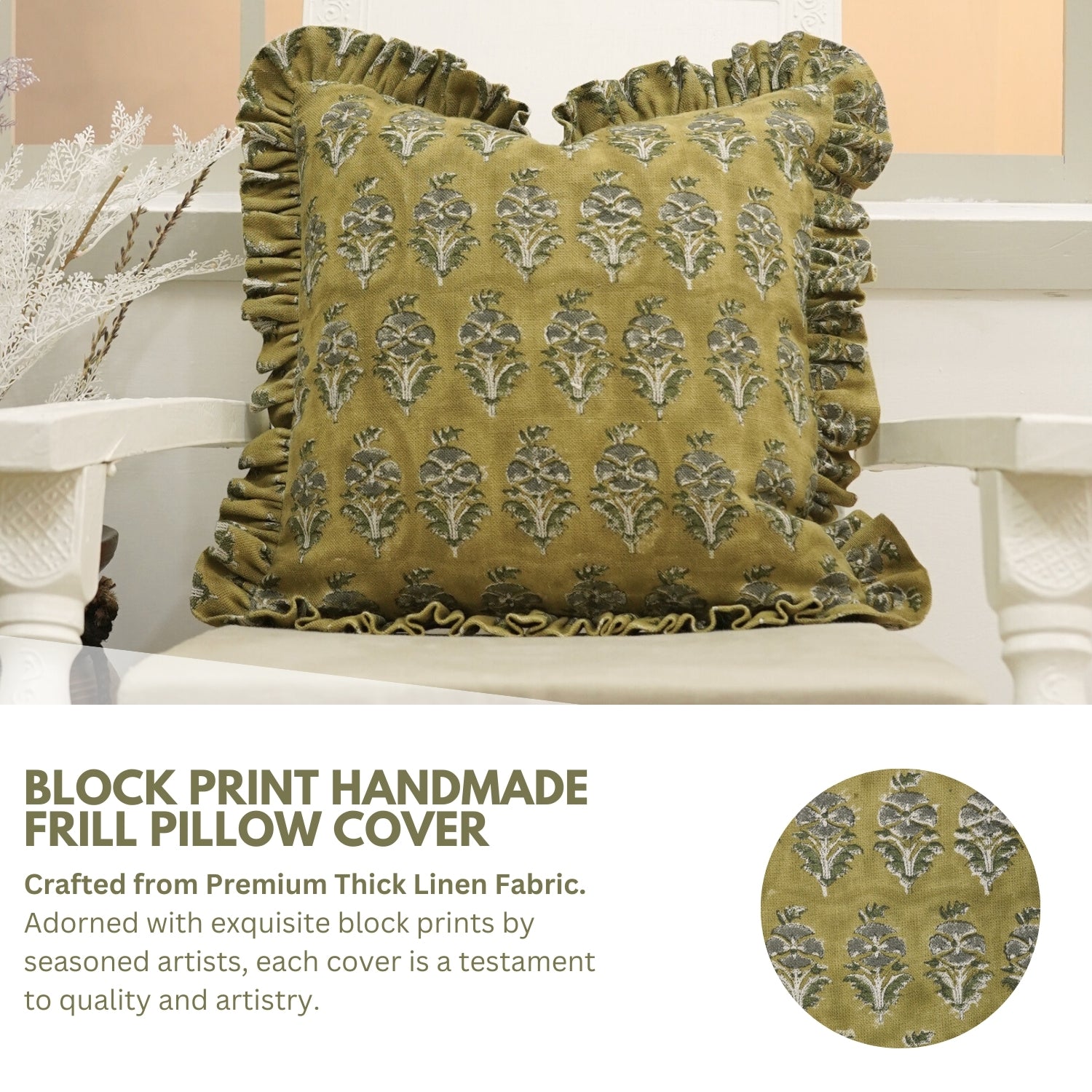 Block Printed Floral Living Room Thick Linen Frill Pillow Cover - Mor Mokut