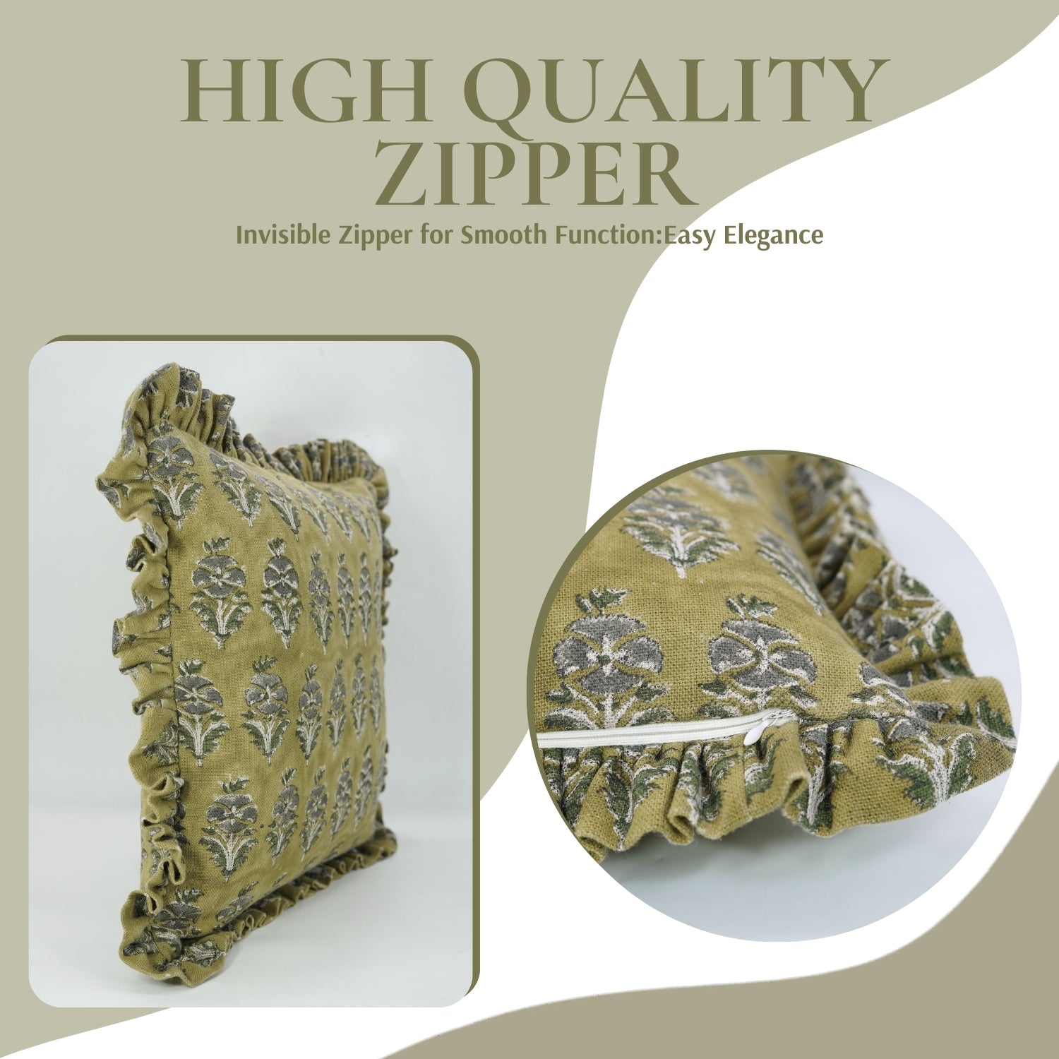 Block Printed Floral Living Room Thick Linen Frill Pillow Cover - Mor Mokut
