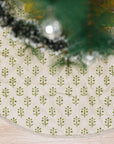 Block Printed Pure Linen Decorative Green Leaf Floral Print Christmas Tree Skirt Indian Holiday Decor - Jaisalmer 