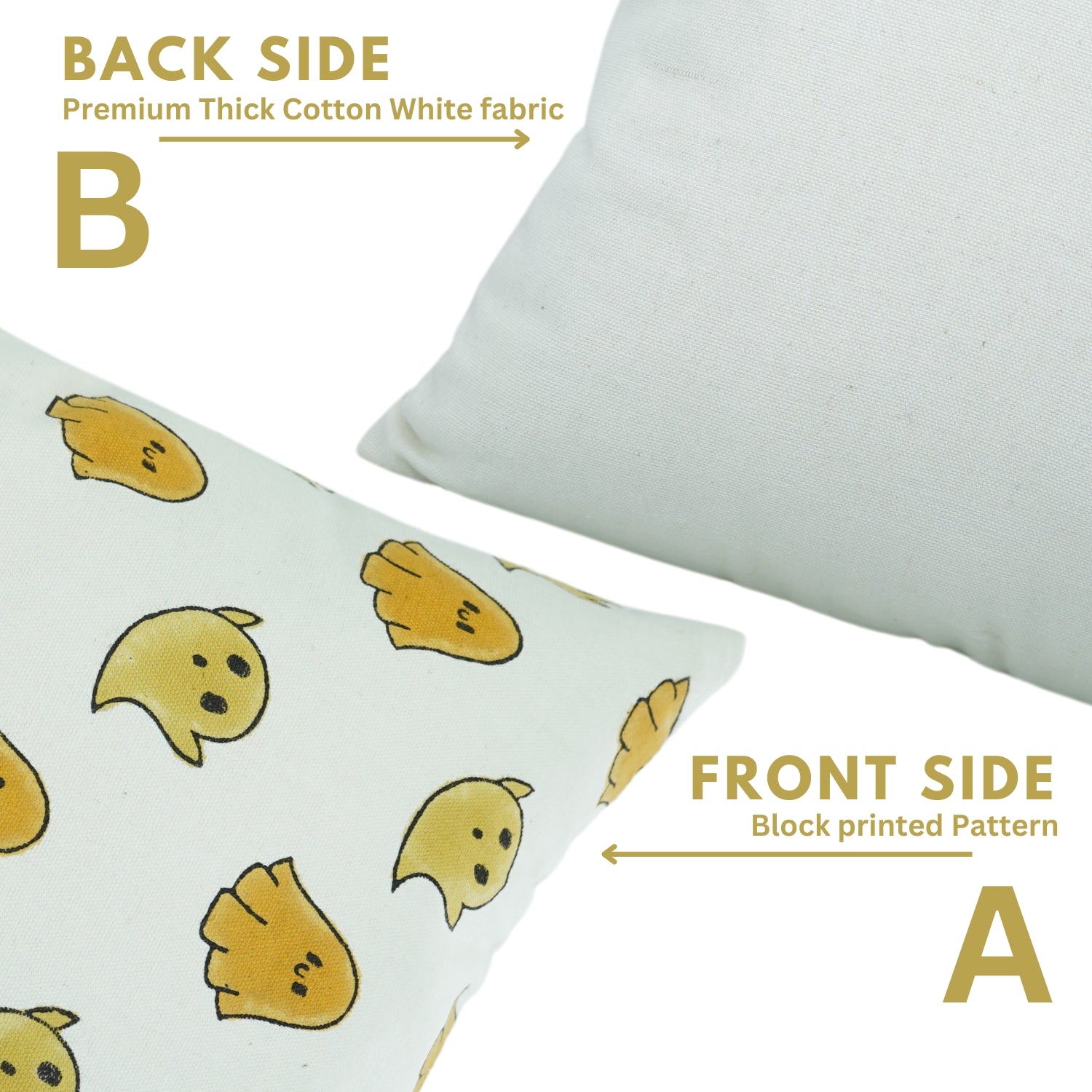 Handmade Thick Cotton Floral White Cushion Cover – Ghost Yellow Hand Block Printed By Fabdivine.