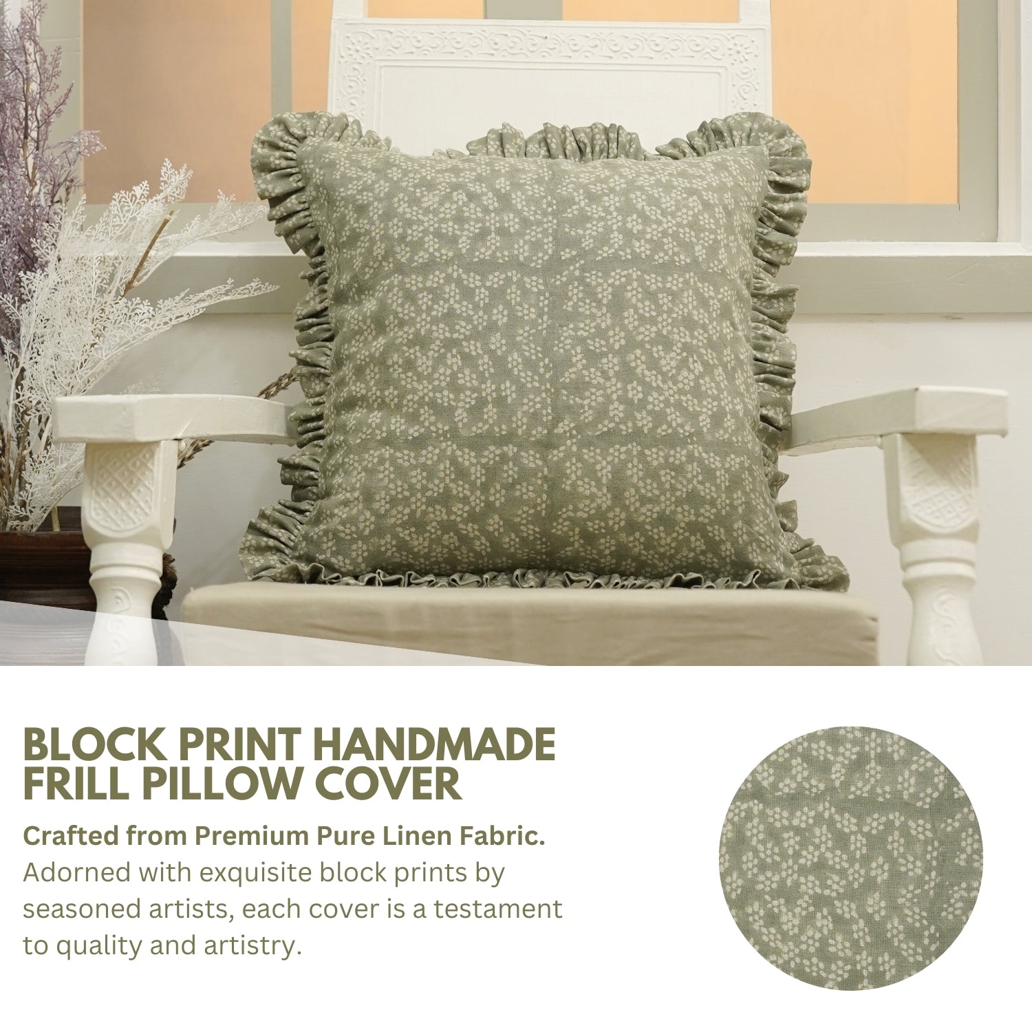 Block Printed Floral Pure Linen Frill Pillow Cover - Ola Vrishti