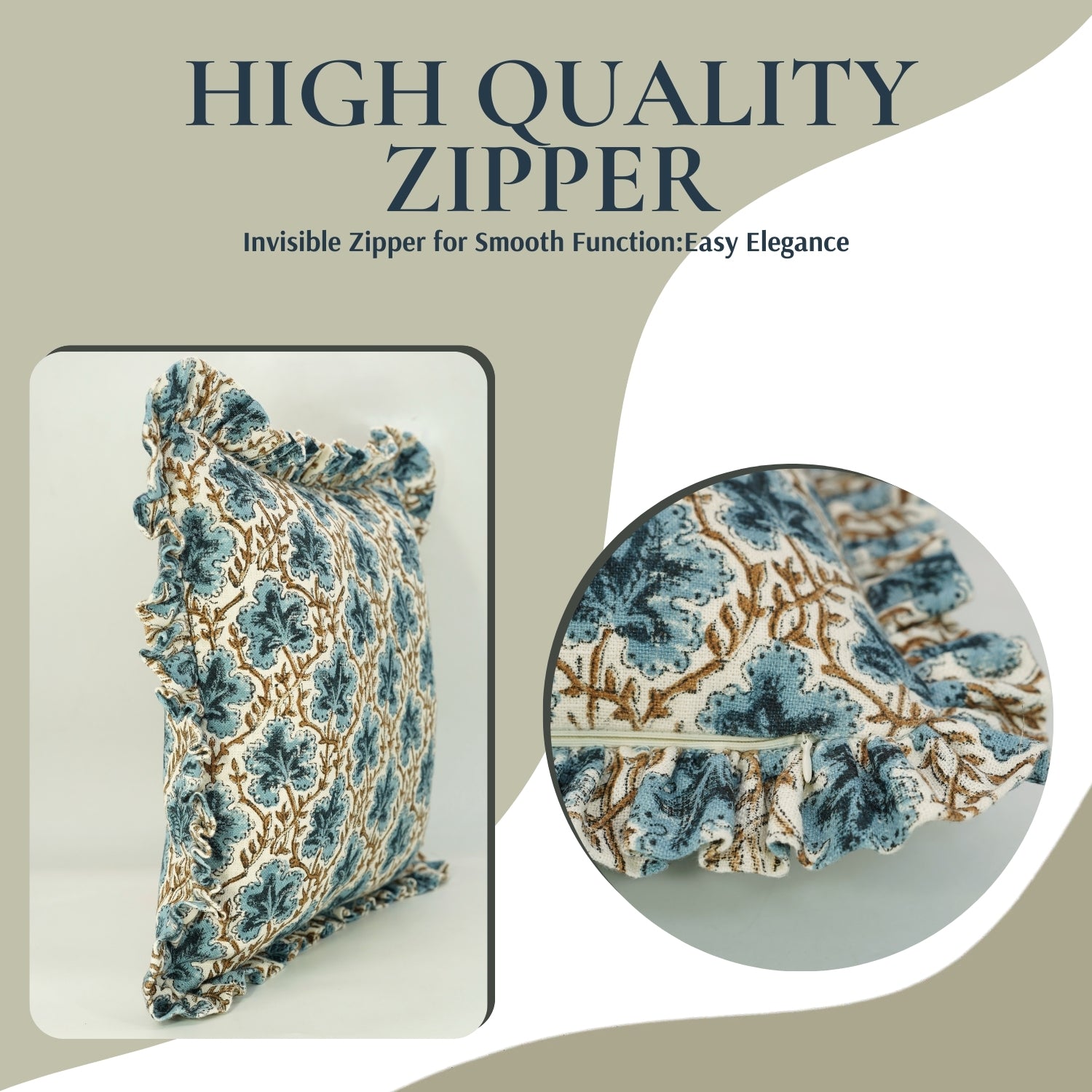 Handcrafted Block Print Off-White Linen Frill Pillow Cover - Pushpa Samhita