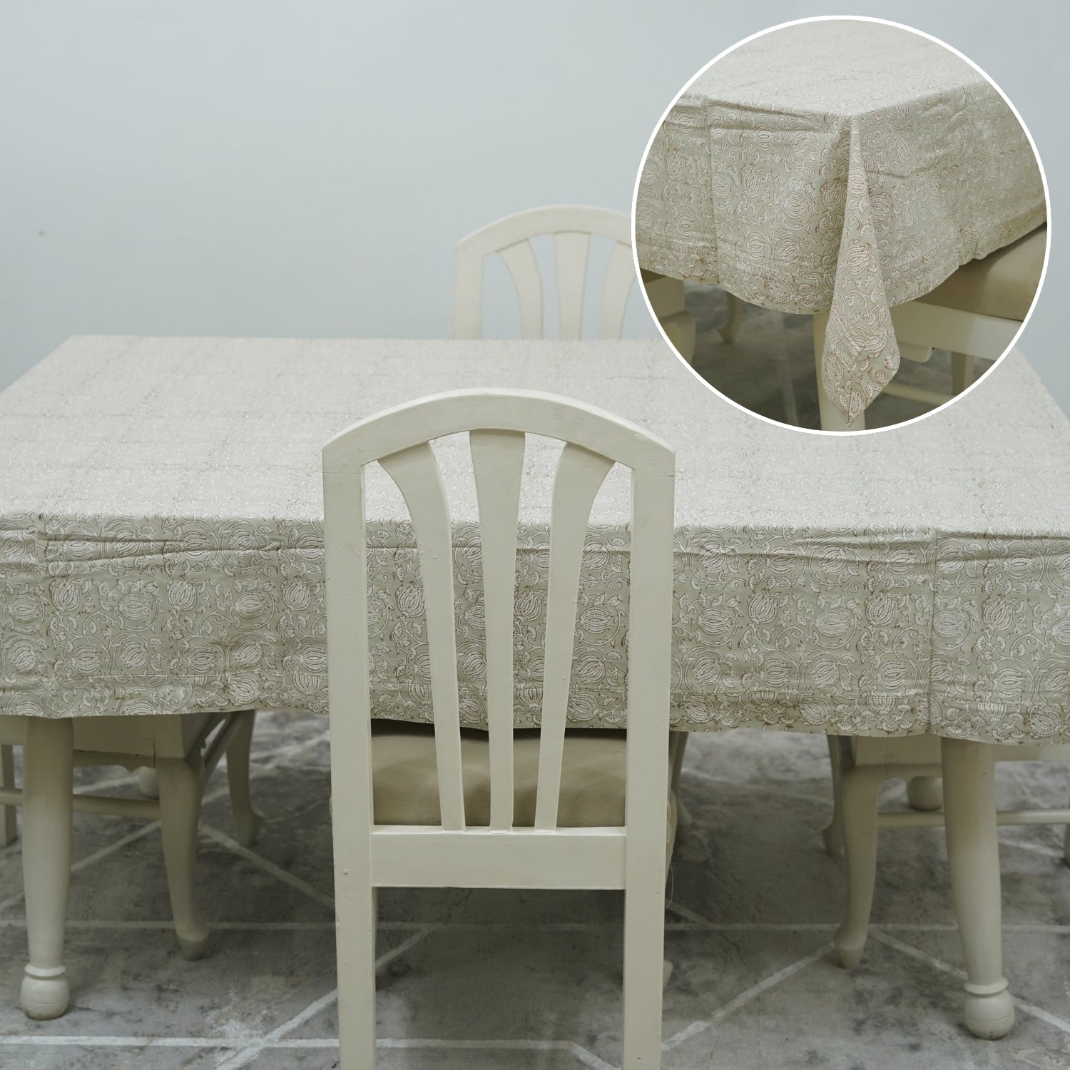 Tablecloth White Thick Cotton With Floral Handblock Printed - 6 Kamal Design By Fabdivine