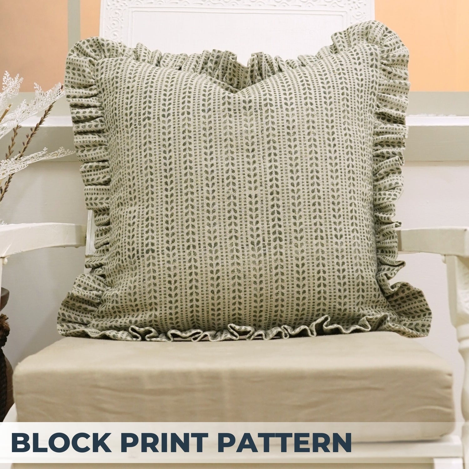 Block Printed Floral Farmhouse Thick Linen Frill Pillow Cover - Ratanbel
