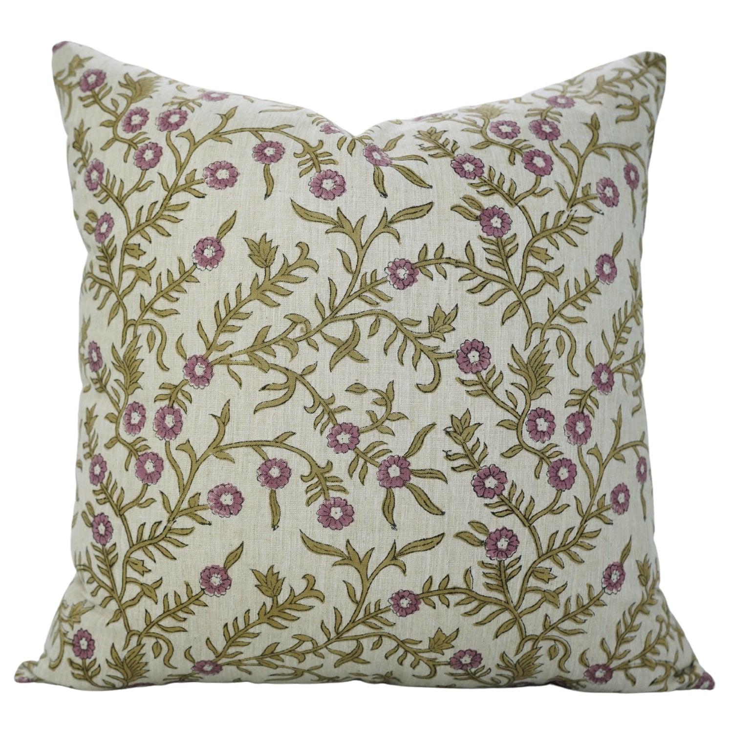 Cushion Wrap/Case Handblock Printed Linen Blend – Pink Shehjan Floral Design By Fabdivine.