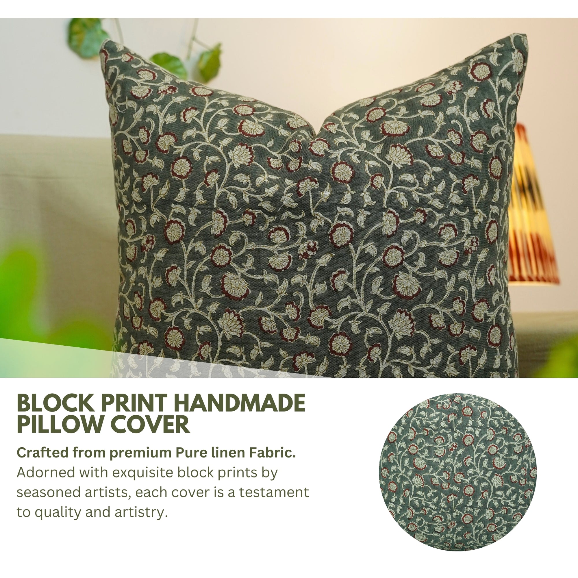 Floral Block Print Pure Linen Pillow Cover Green &amp; Brown - Himachal