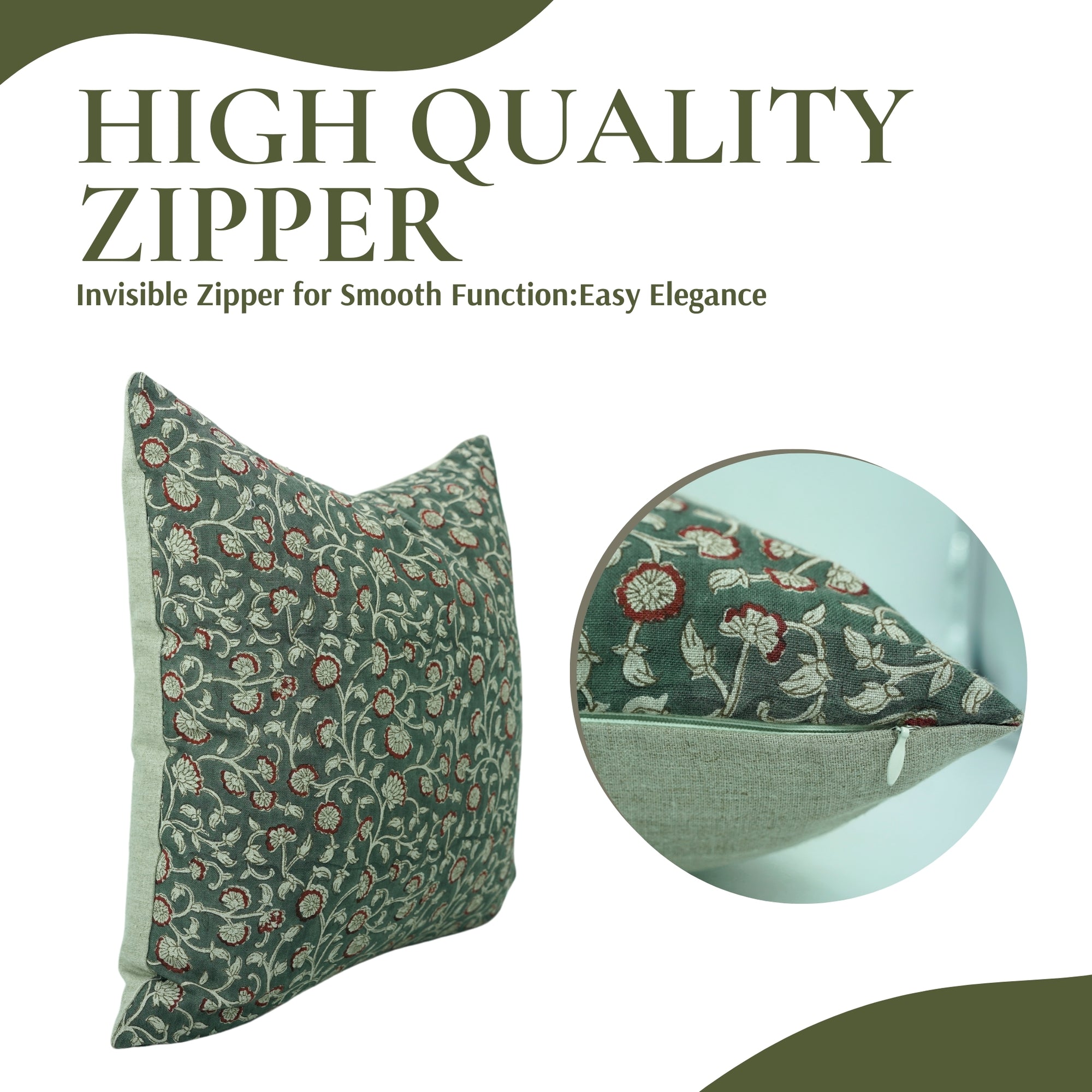 Floral Block Print Pure Linen Pillow Cover Green &amp; Brown - Himachal