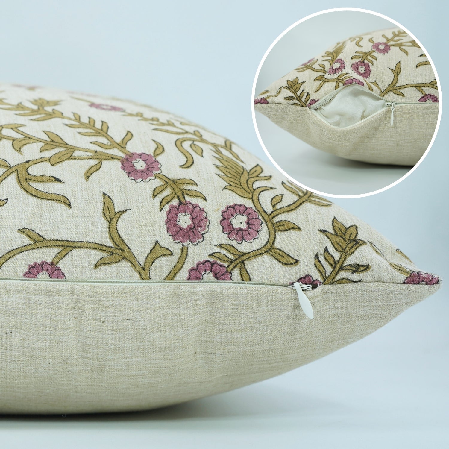 Cushion Wrap/Case Handblock Printed Linen Blend – Pink Shehjan Floral Design By Fabdivine.