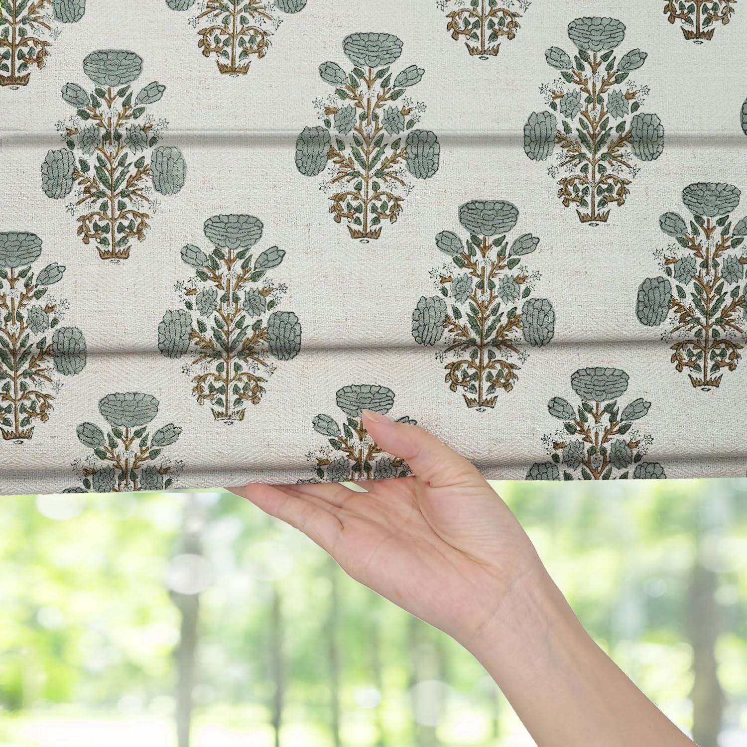 Elegant floral roman blinds made of natural linen with blackout lining. Hand block printed for artistic flair and ideal for creating cozy, well-lit rooms with rustic sophistication.