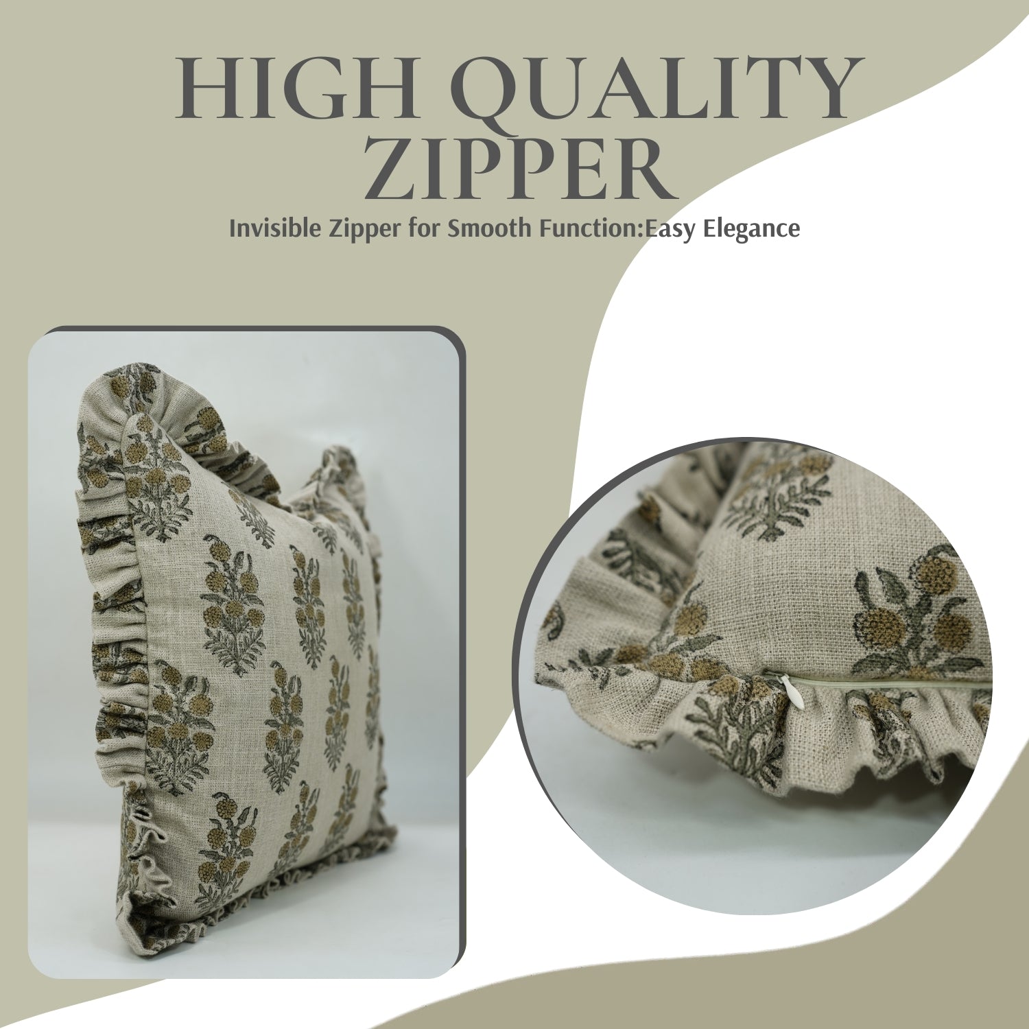 Handmade Block Print Thick Linen Frill Pillow Cover - Hjara