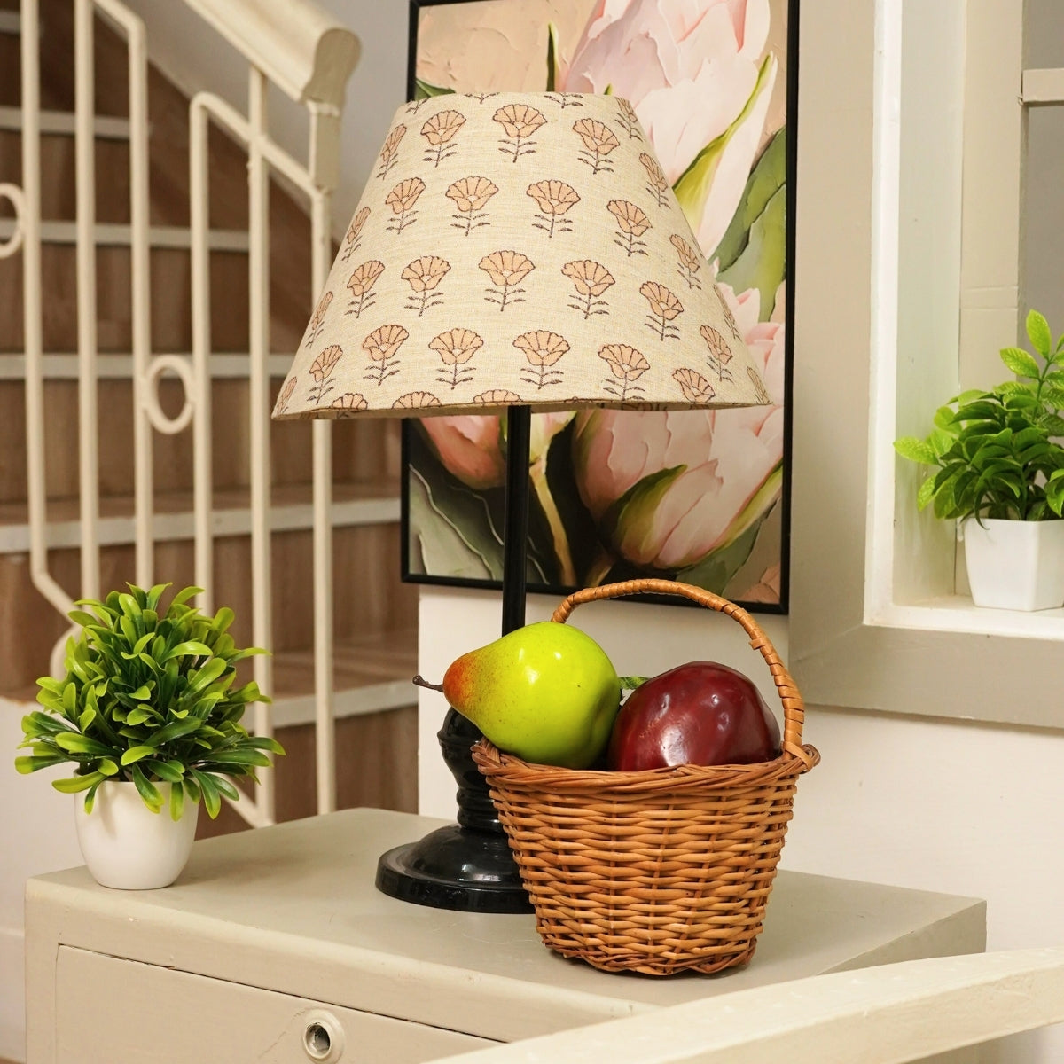 Block Printed Kohinoor Beige Linen Blend Lampshade
