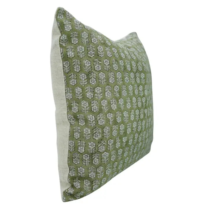 Indian Traditional Print Olive Green Linen Pillow - Tulsi Buti 