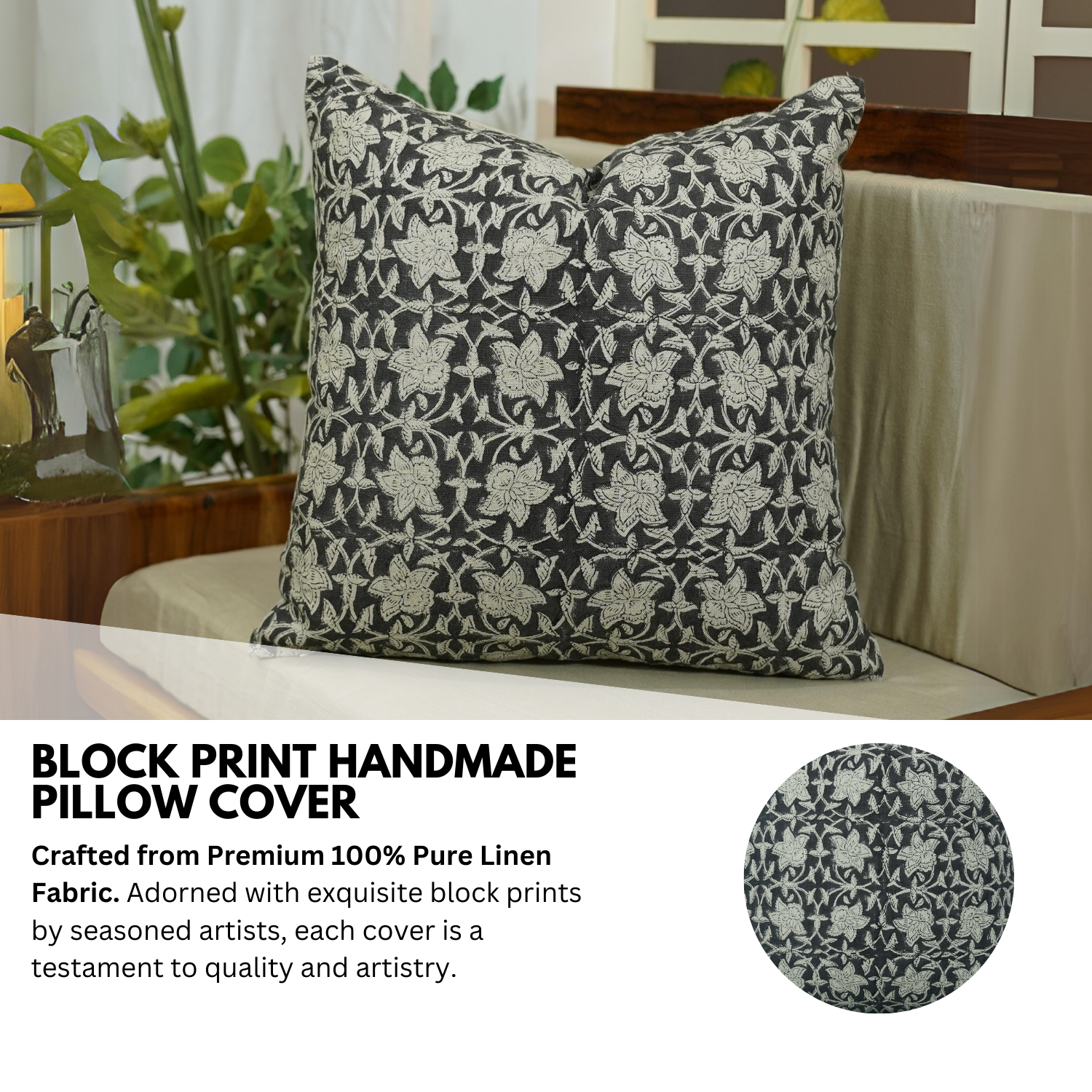 Floral Handcrafted Block Printed Pure Linen Pillow Cover - Chudamani in Black &amp; Gray