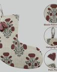Hand Block Printed Linen Christmas Stocking in Red Wine Floral Design with Pom Pom For Modern Farmhouse Decor