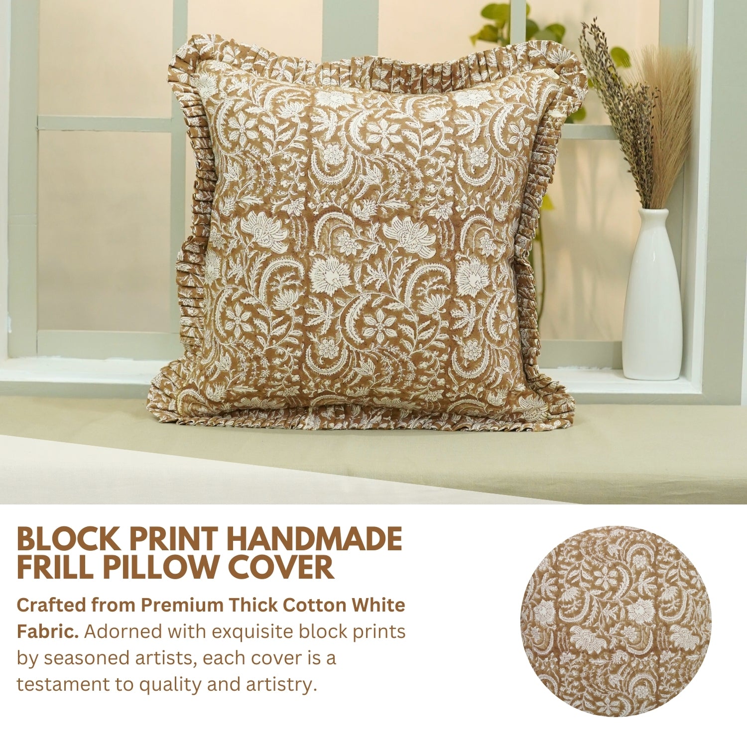 Designer Block Printed Thick Cotton White Frill Pillow Cover - Kundanvan