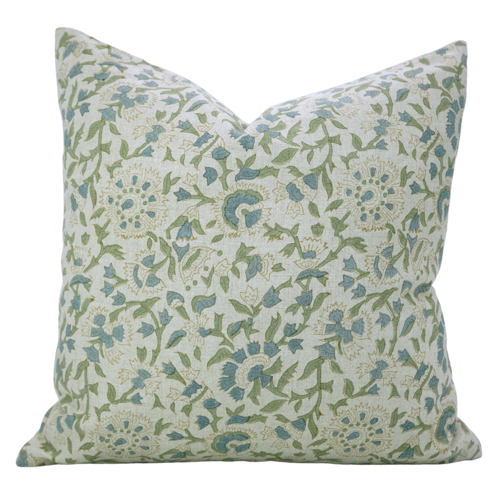 Handmade Green and Gray Floral Throw Cushion Protector/Cover in Pure Linen with Knife Edges – Pushplata