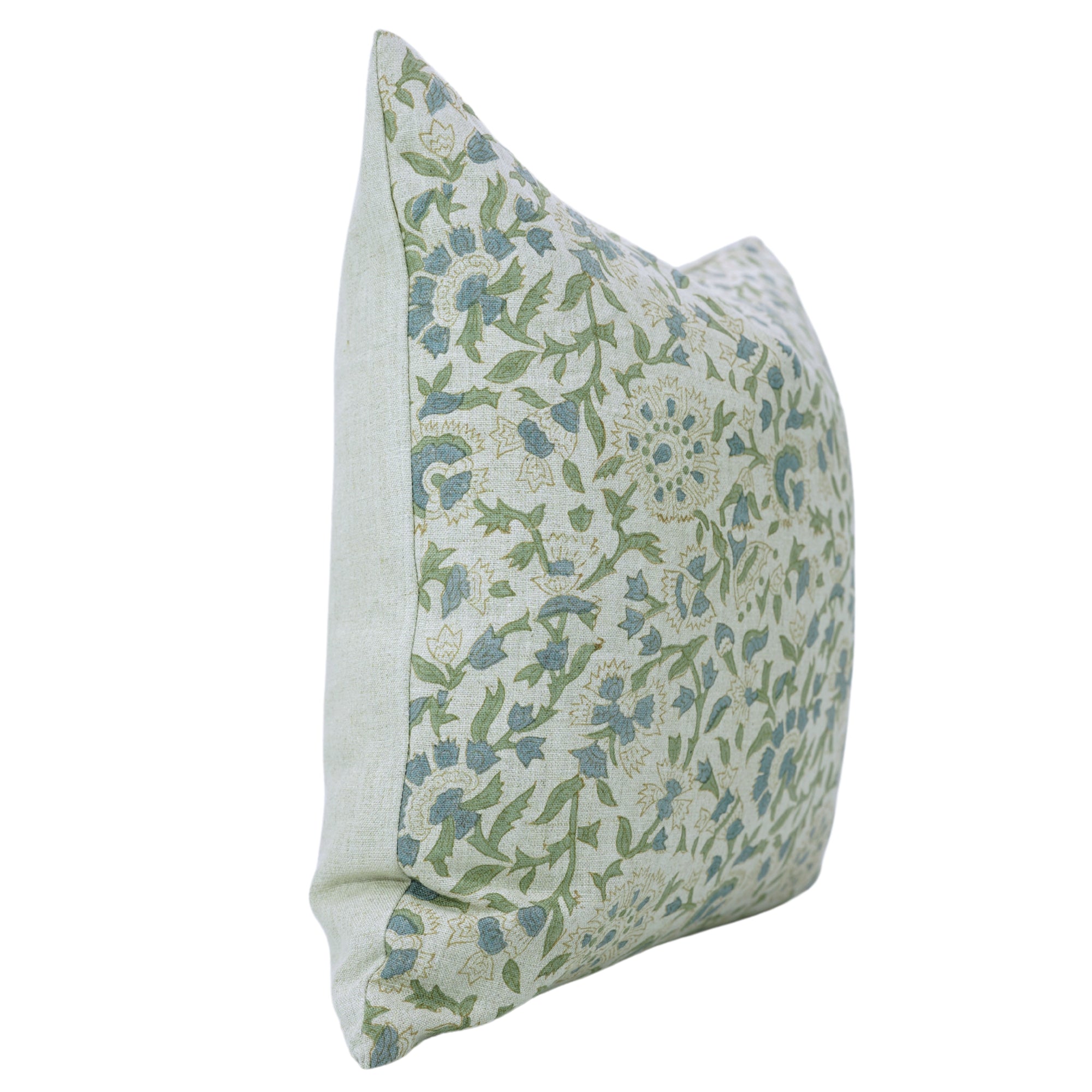 Handmade Green and Gray Floral Throw Cushion Protector/Cover in Pure Linen with Knife Edges – Pushplata