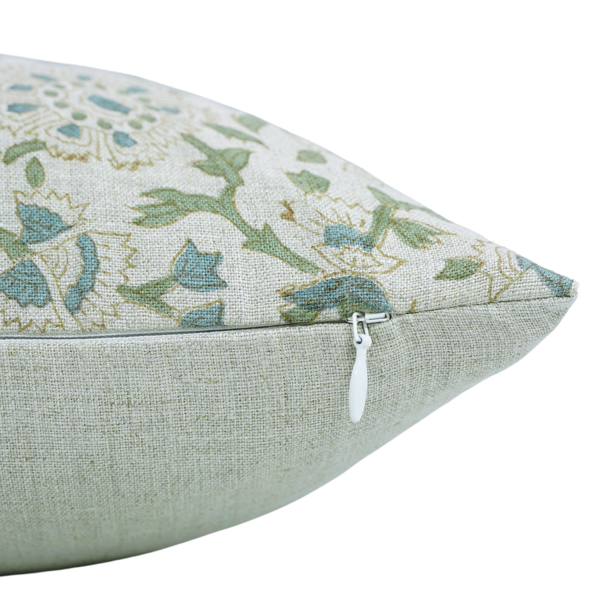 Handmade Green and Gray Floral Throw Cushion Protector/Cover in Pure Linen with Knife Edges – Pushplata