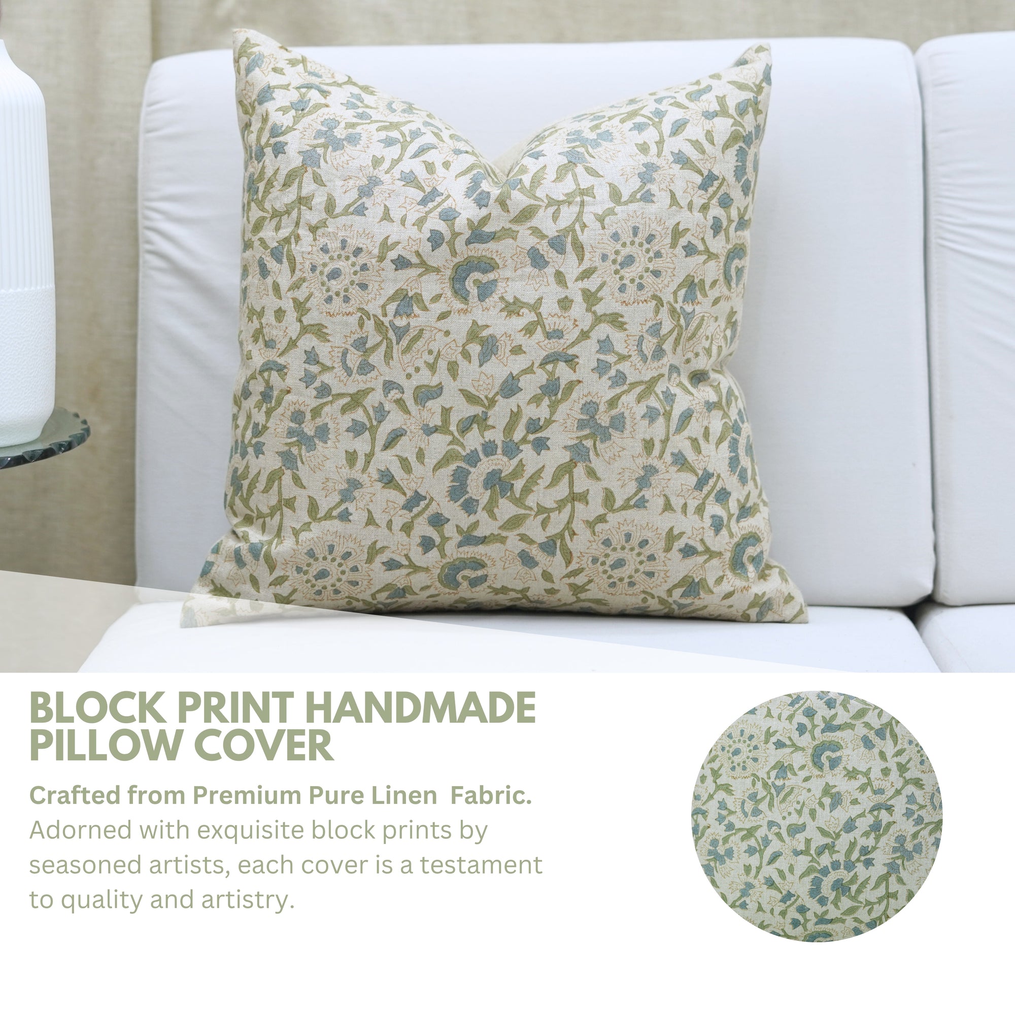 Handmade Green and Gray Floral Throw Cushion Protector/Cover in Pure Linen with Knife Edges – Pushplata