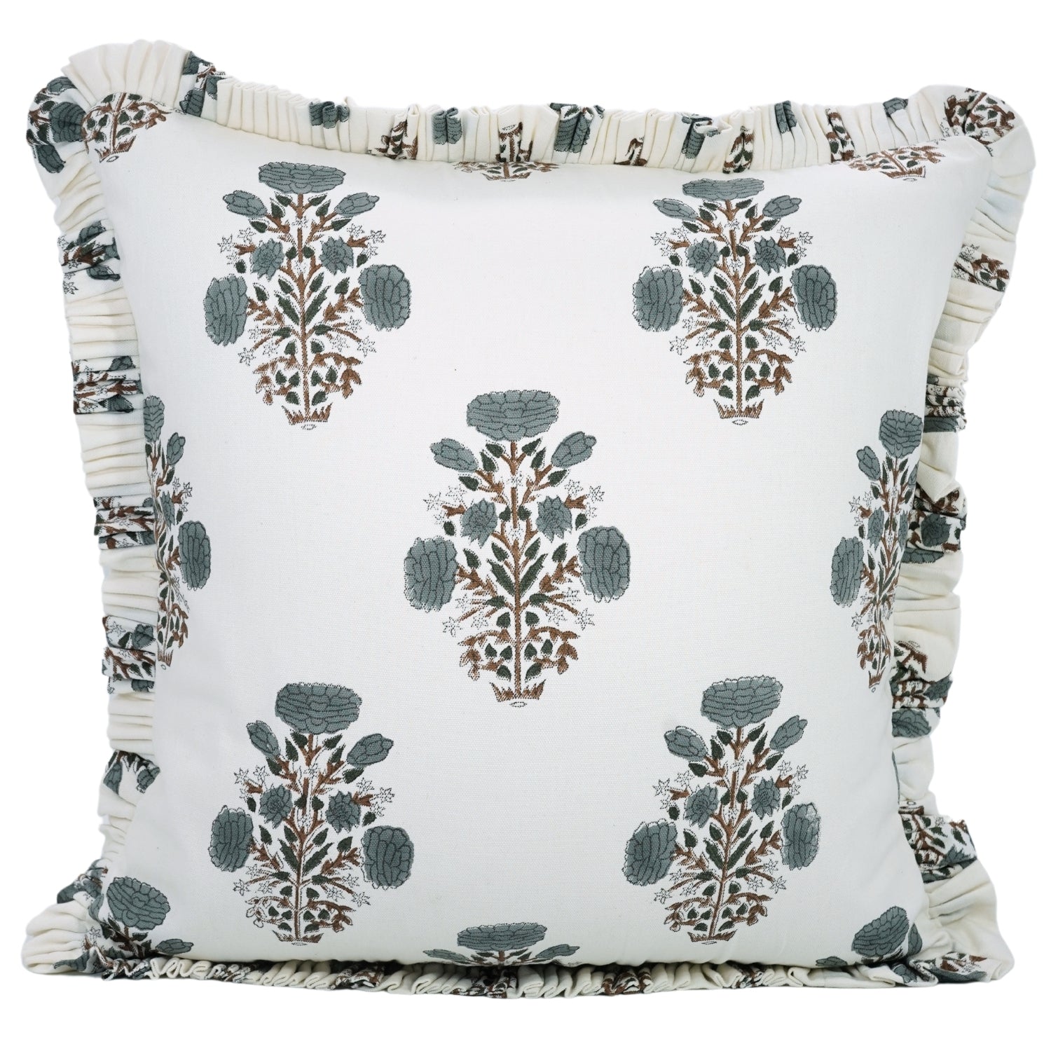 Block Printed Thick Cotton White Frill Pillow Cover - Swadesh