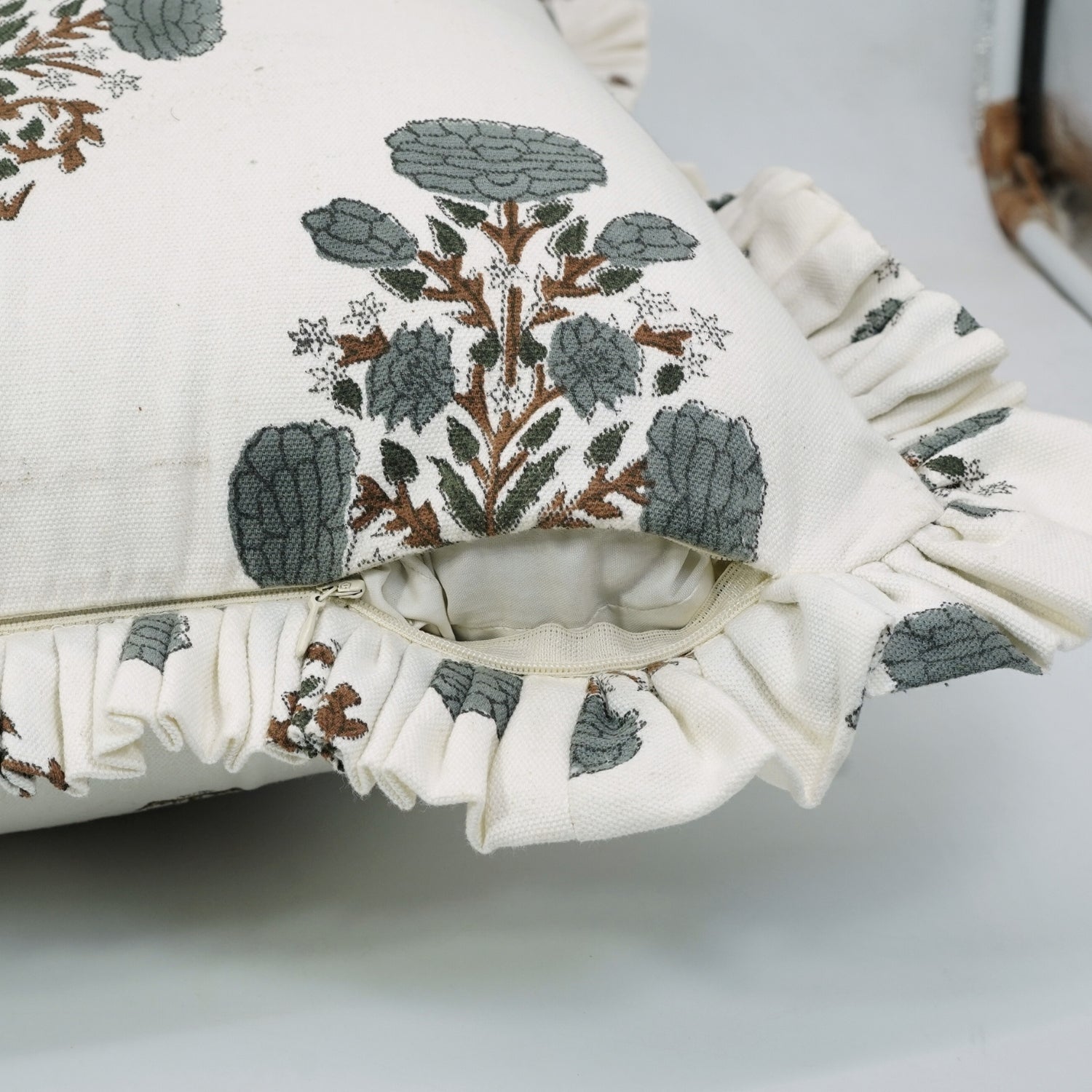 Block Printed Thick Cotton White Frill Pillow Cover - Swadesh