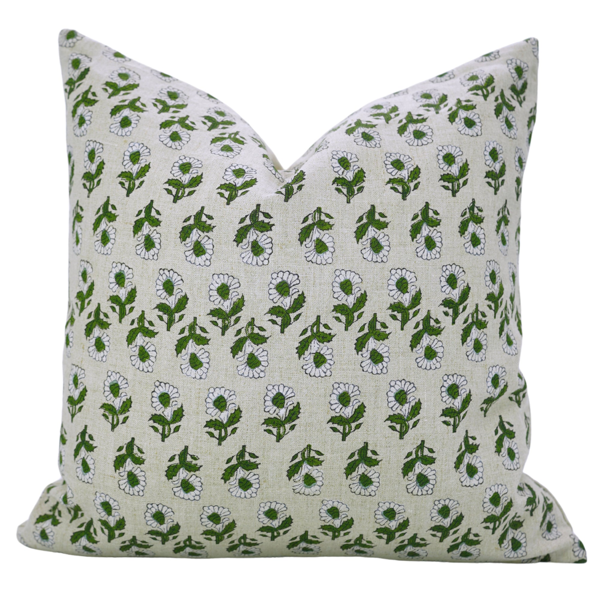 Green and White Handmade Floral Throw Pillow Cover in Pure Linen – Ashok Design for Farmhouse Decor