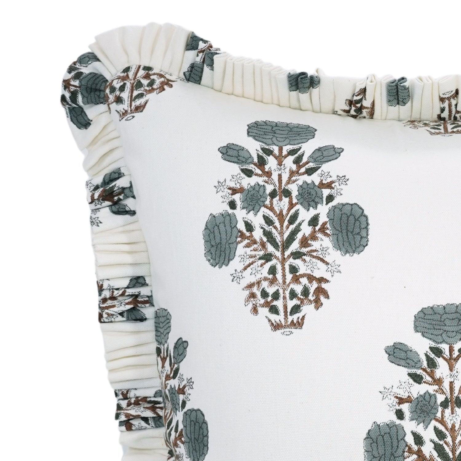 Block Printed Thick Cotton White Frill Pillow Cover - Swadesh