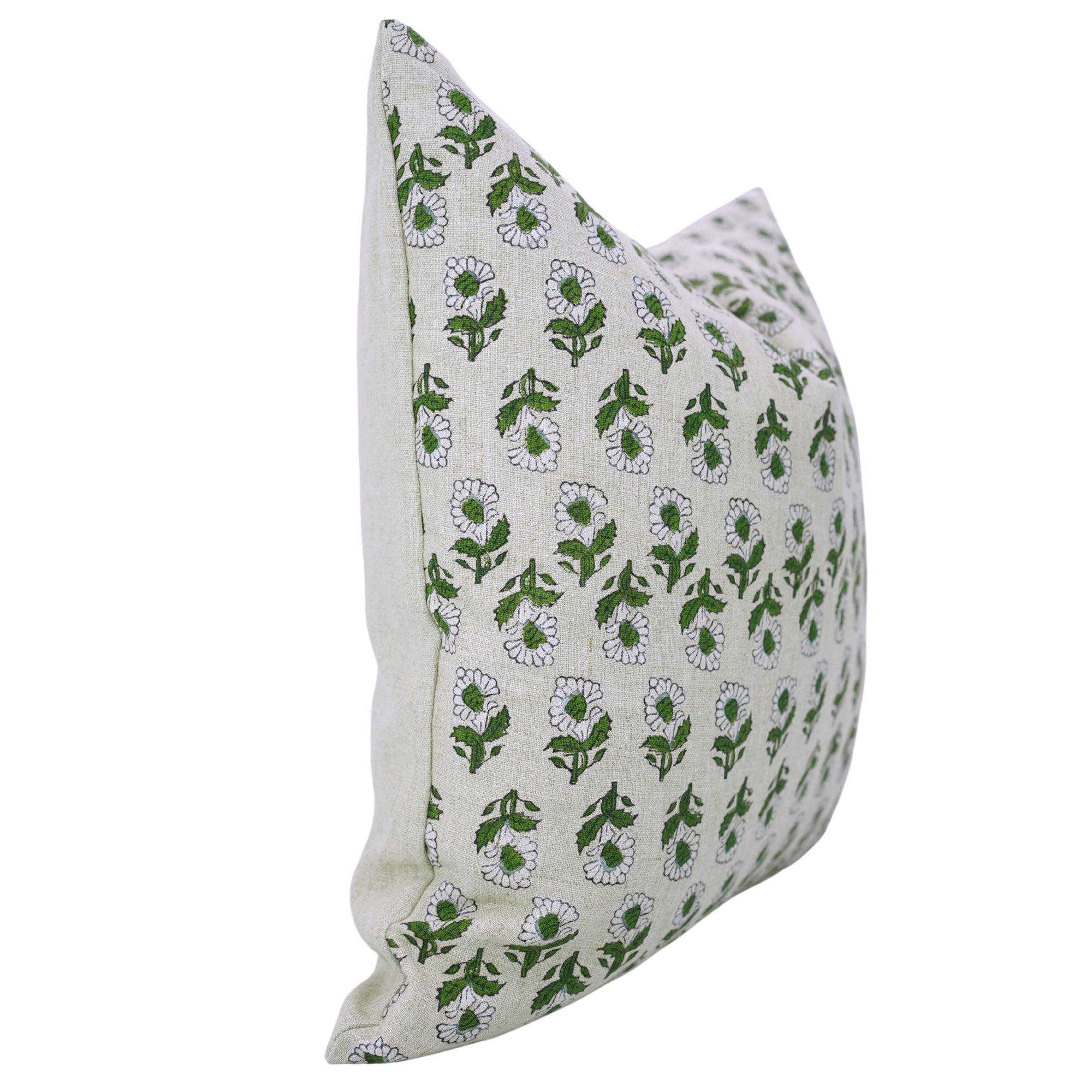 Green and White Handmade Floral Throw Pillow Cover in Pure Linen – Ashok Design for Farmhouse Decor