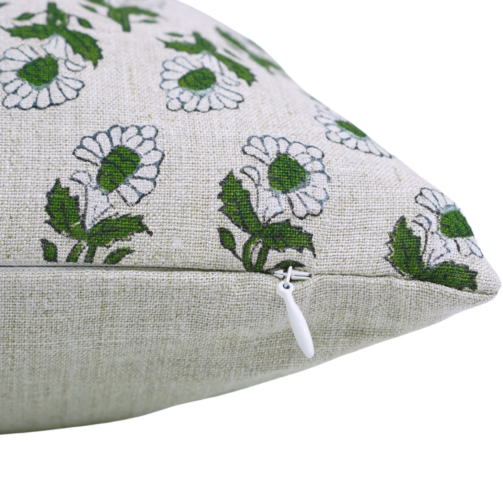 Green and White Handmade Floral Throw Pillow Cover in Pure Linen – Ashok Design for Farmhouse Decor