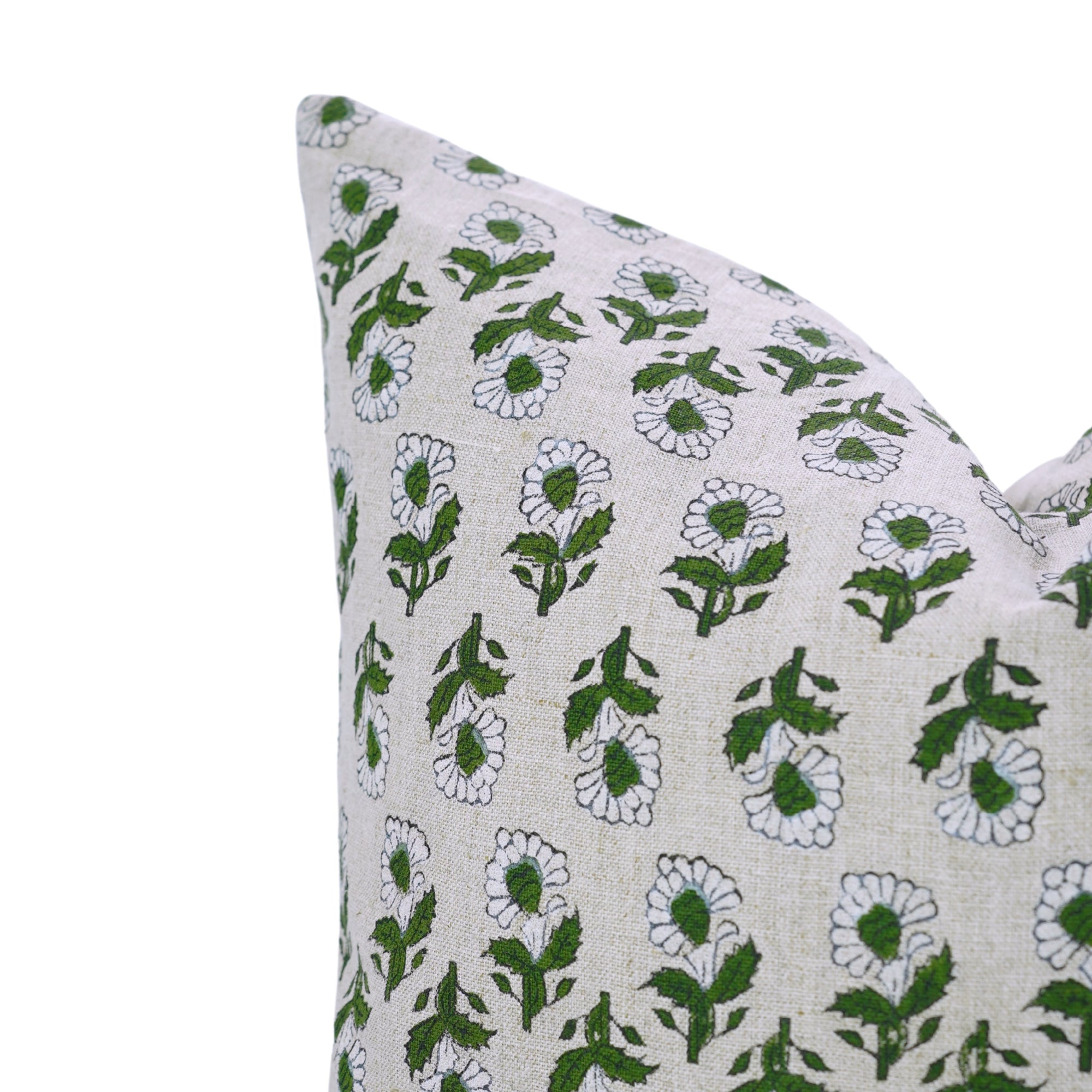 Green and White Handmade Floral Throw Pillow Cover in Pure Linen – Ashok Design for Farmhouse Decor