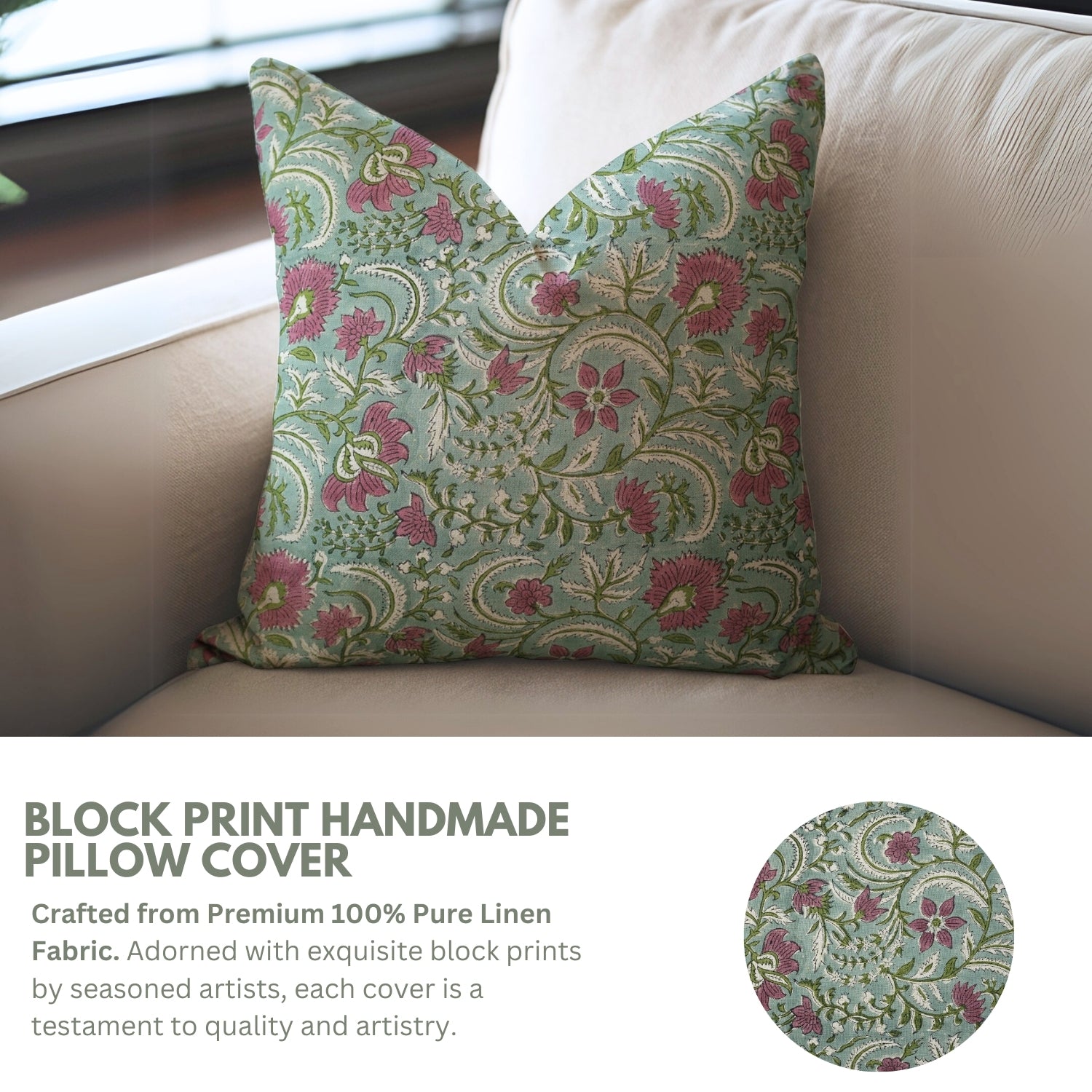 Floral Block Printed Pure Linen Lumber Pillow Cover For Sofa - Kundanvan