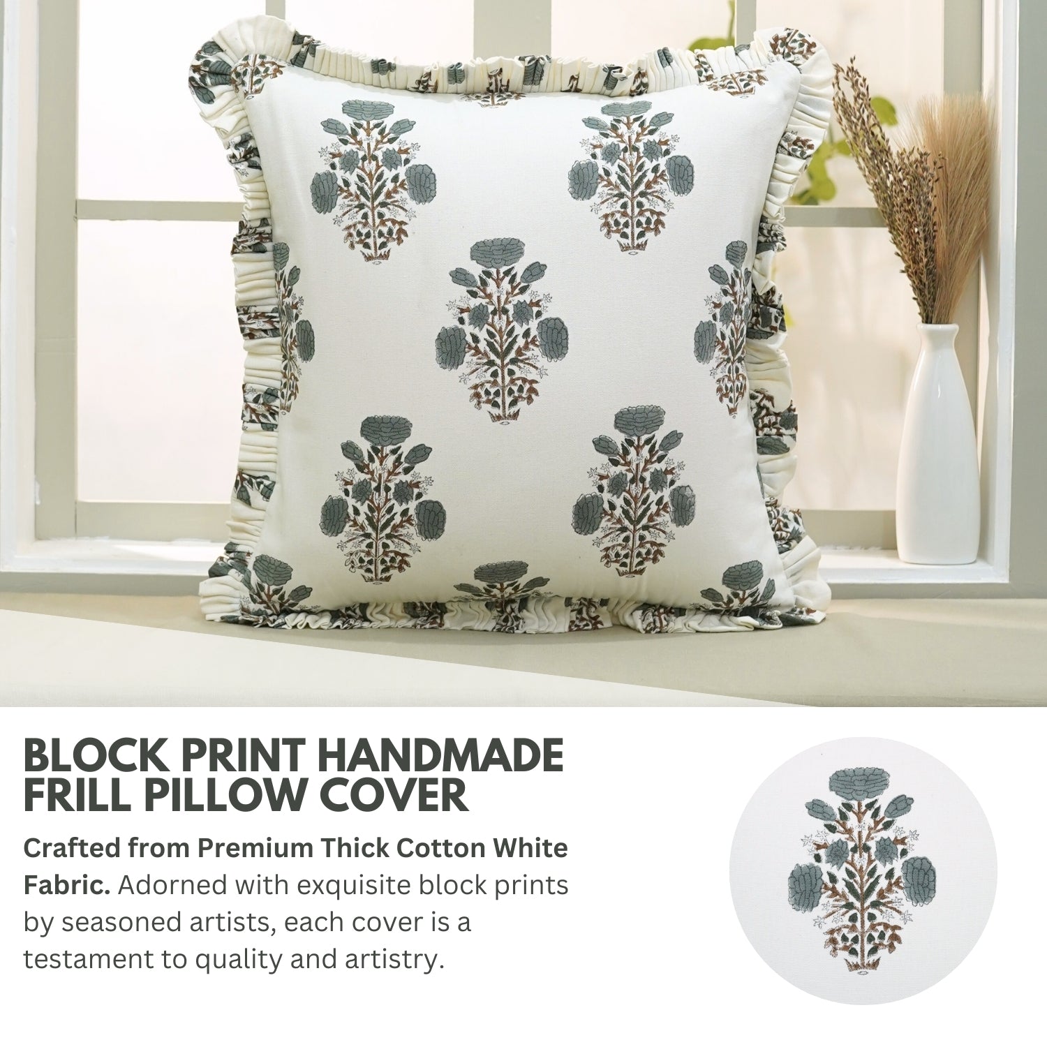Floarl Block Printed Thick Cotton White Frill Pillow Cover - Swadesh