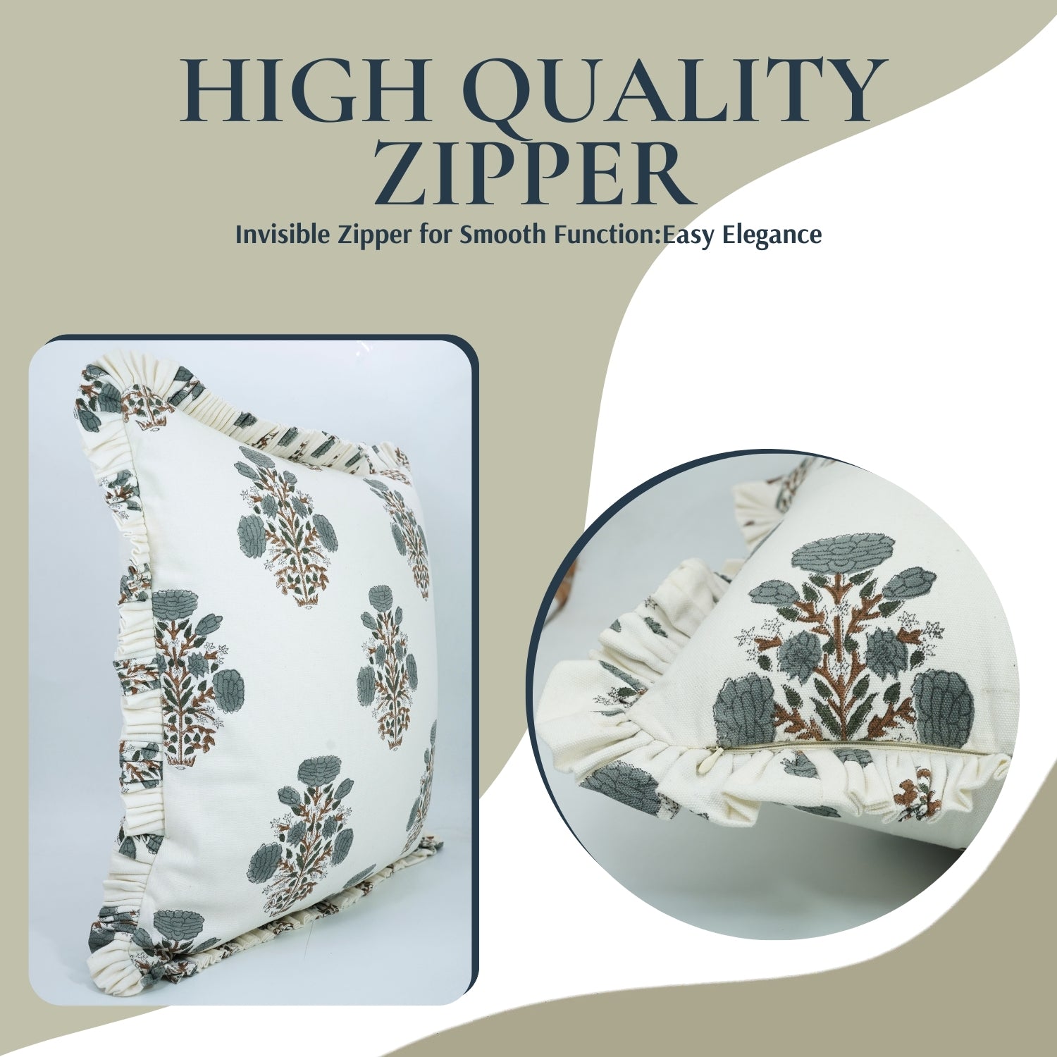 Floarl Block Printed Thick Cotton White Frill Pillow Cover - Swadesh