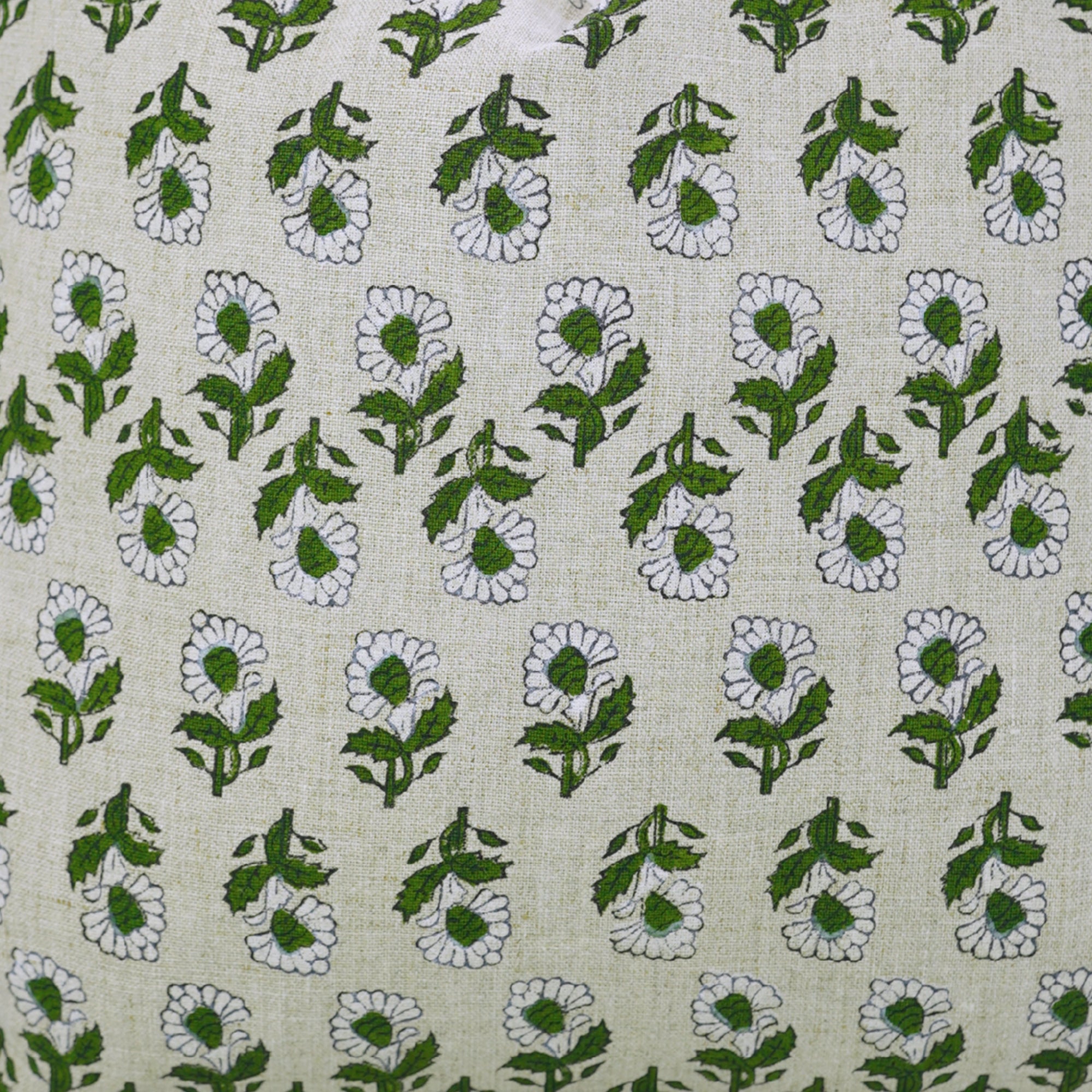 Green and White Handmade Floral Throw Pillow Cover in Pure Linen – Ashok Design for Farmhouse Decor