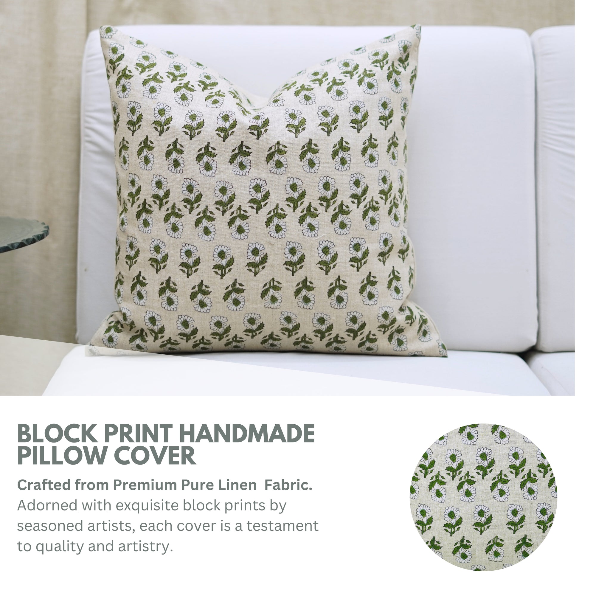 Green and White Handmade Floral Throw Pillow Cover in Pure Linen – Ashok Design for Farmhouse Decor