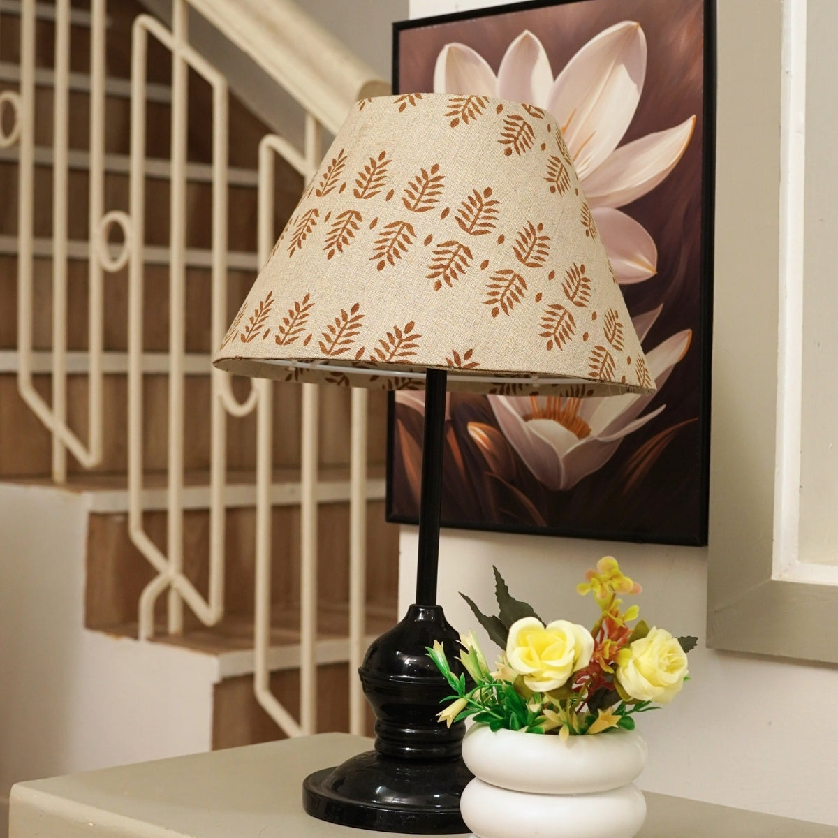 Handmade Darpan Brown Floral Linen Lampshade | Drum & Coolie Styles