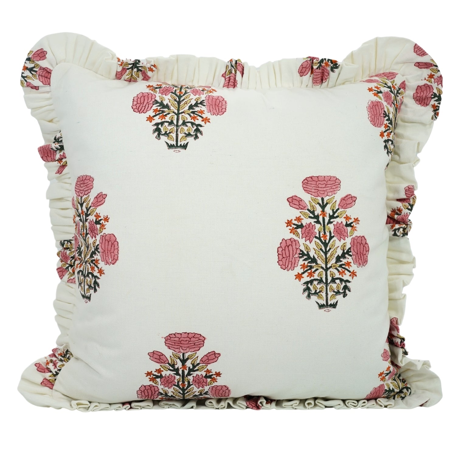 Block Printed Thick Cotton White Frill Pillow Cover - Swadesh