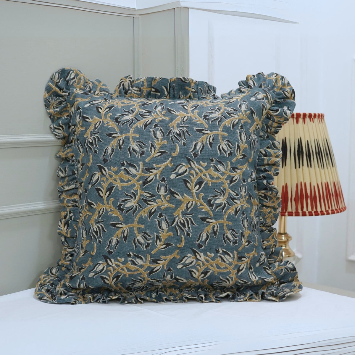 Kamal Dutta Blue and Bronze Floral Block Print Thick Linen Frill Pillow Cover