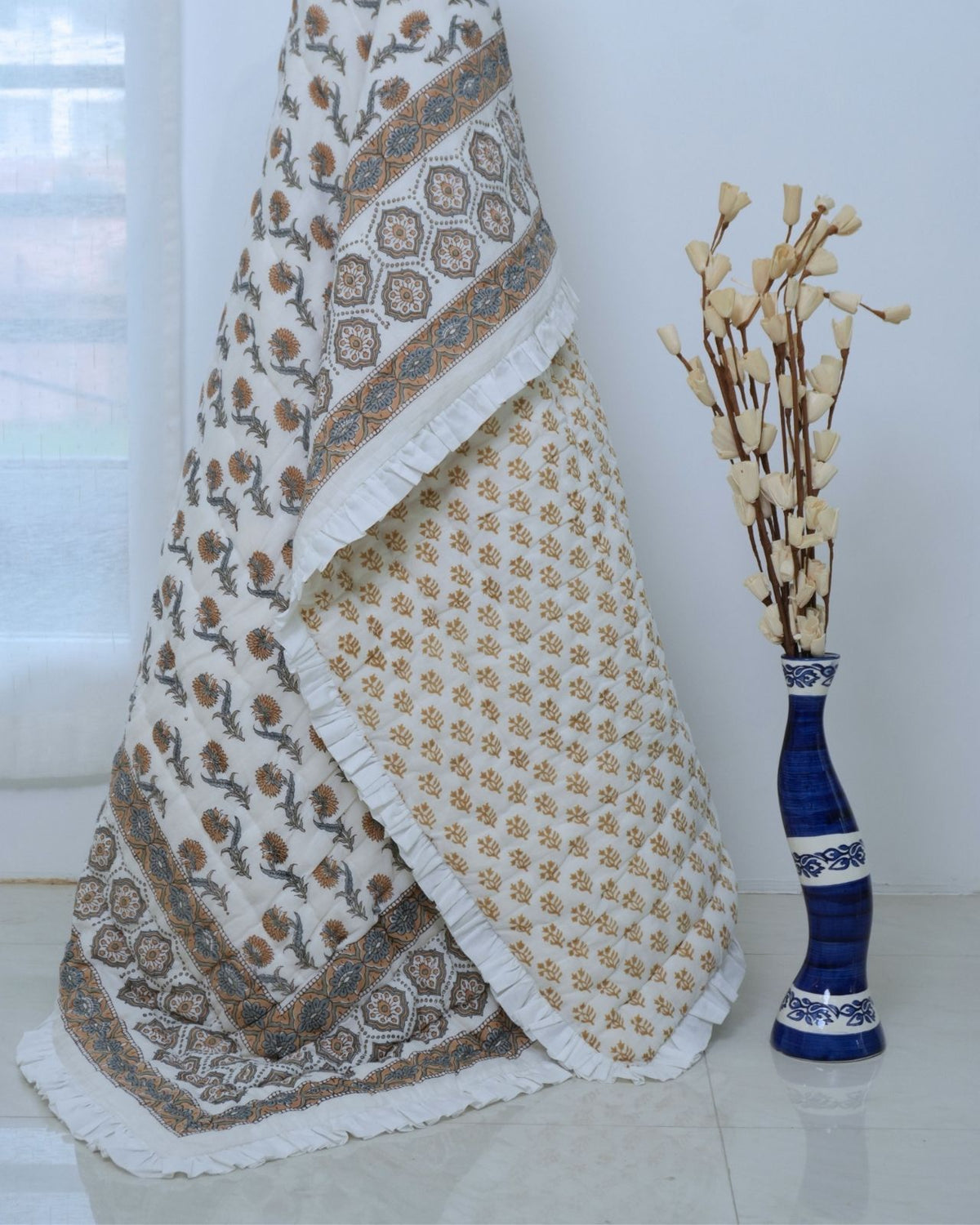 Handcrafted Block Print Gold Daffodil Cotton Reversible Quilt 