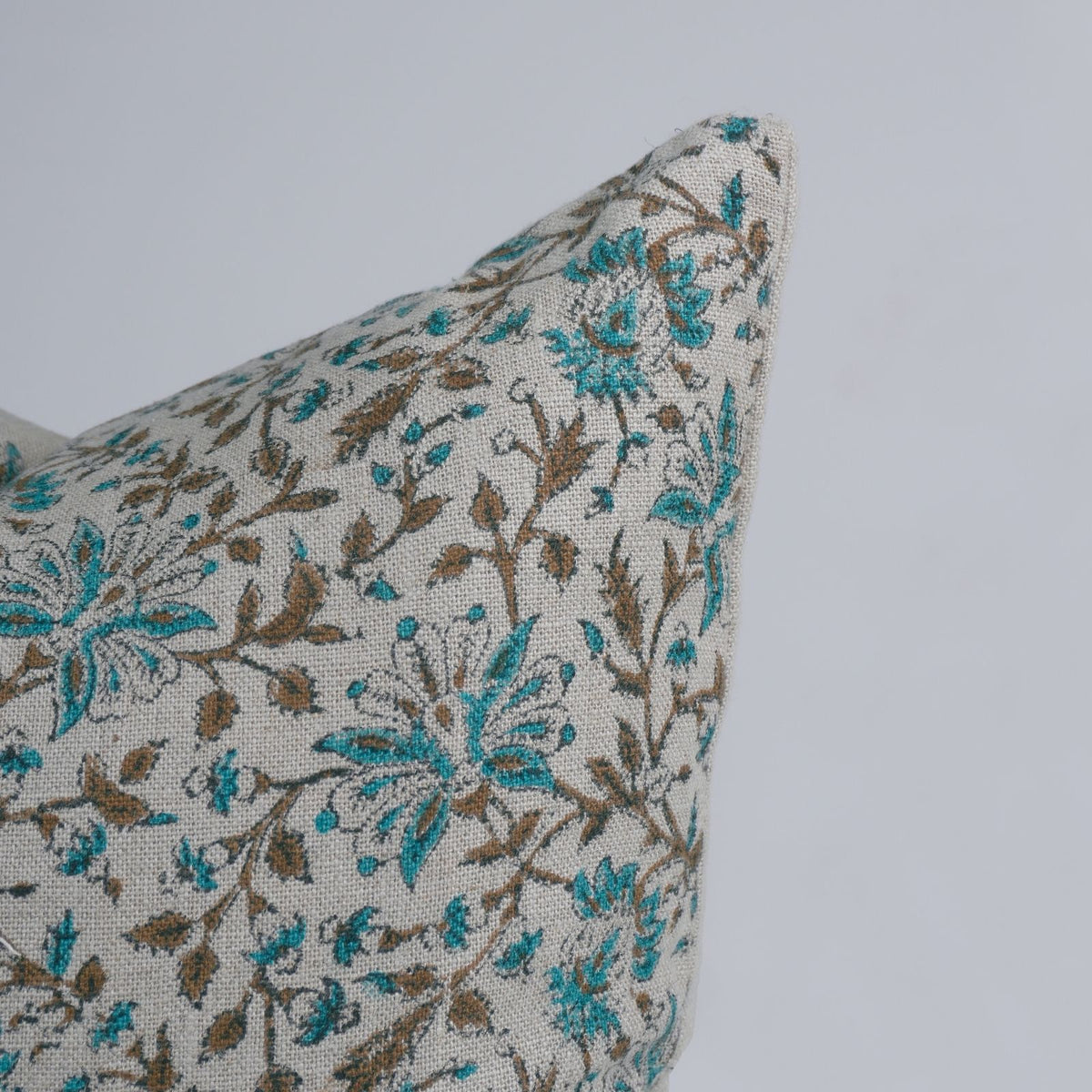 Handmade Neerabel Teal Floral Linen Cushion Cover