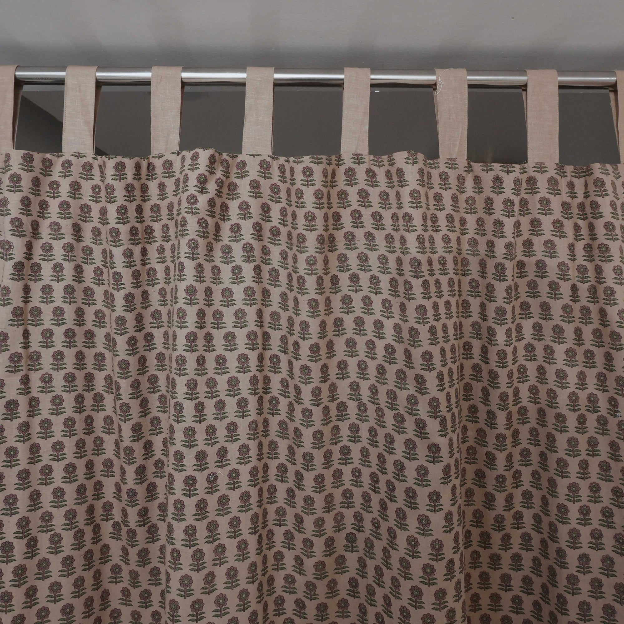 Pink Floral Block Print Viscose Linen Tab Top Curtains - Anamika