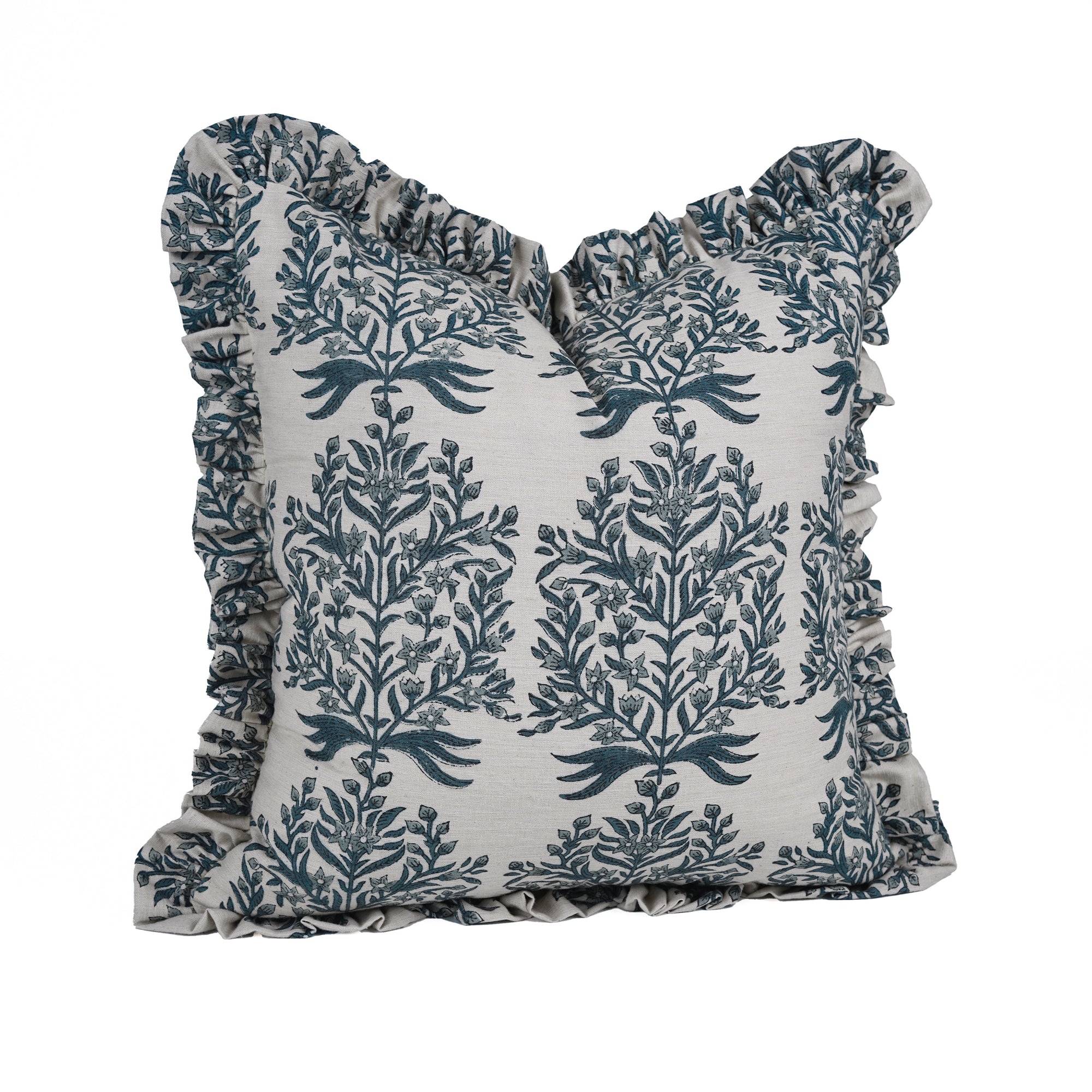 Vrindavan Block Print Frill Pillow Cover on Linen Blend