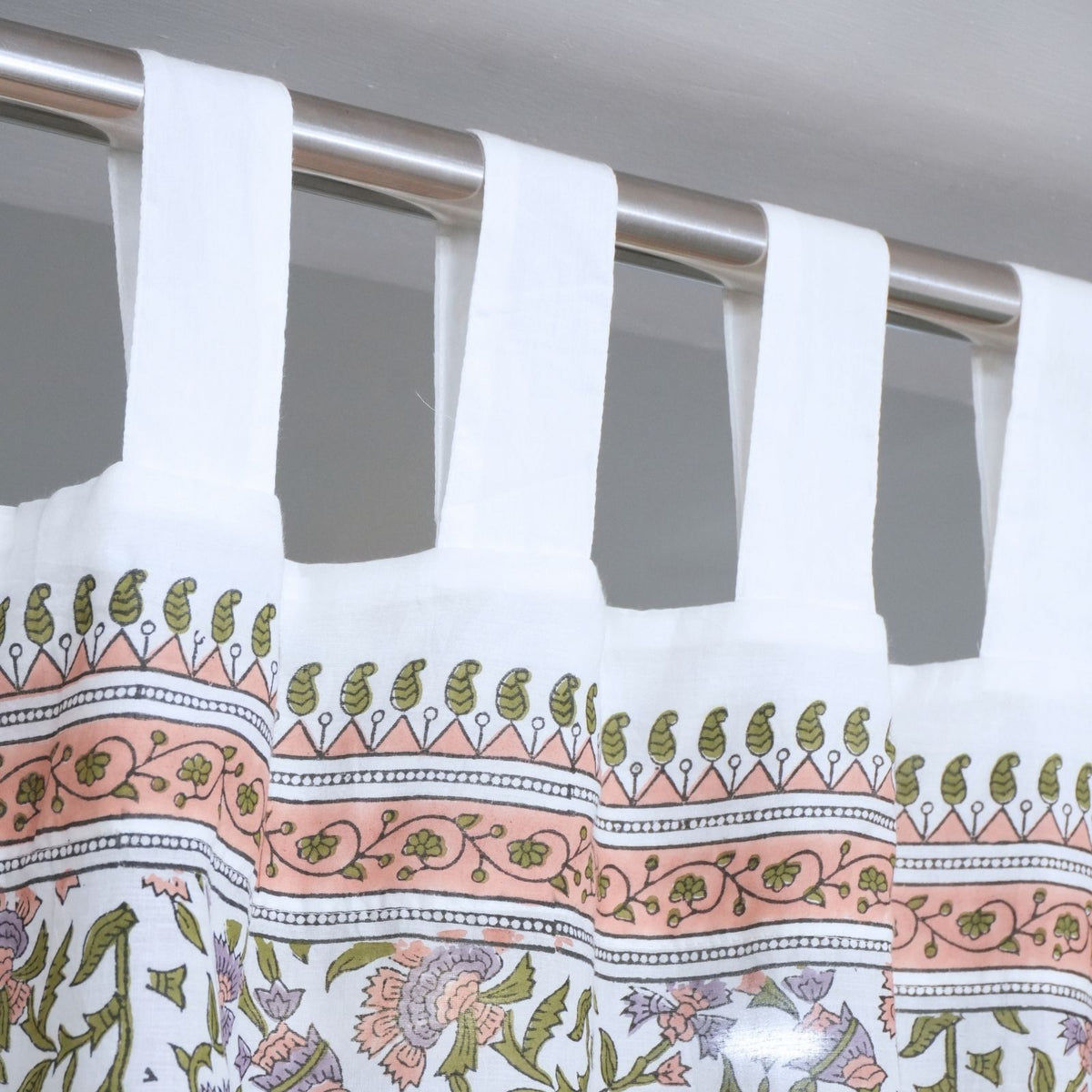 Indian Artisan Block Print Cotton Tab Top Curtain - Pushplata