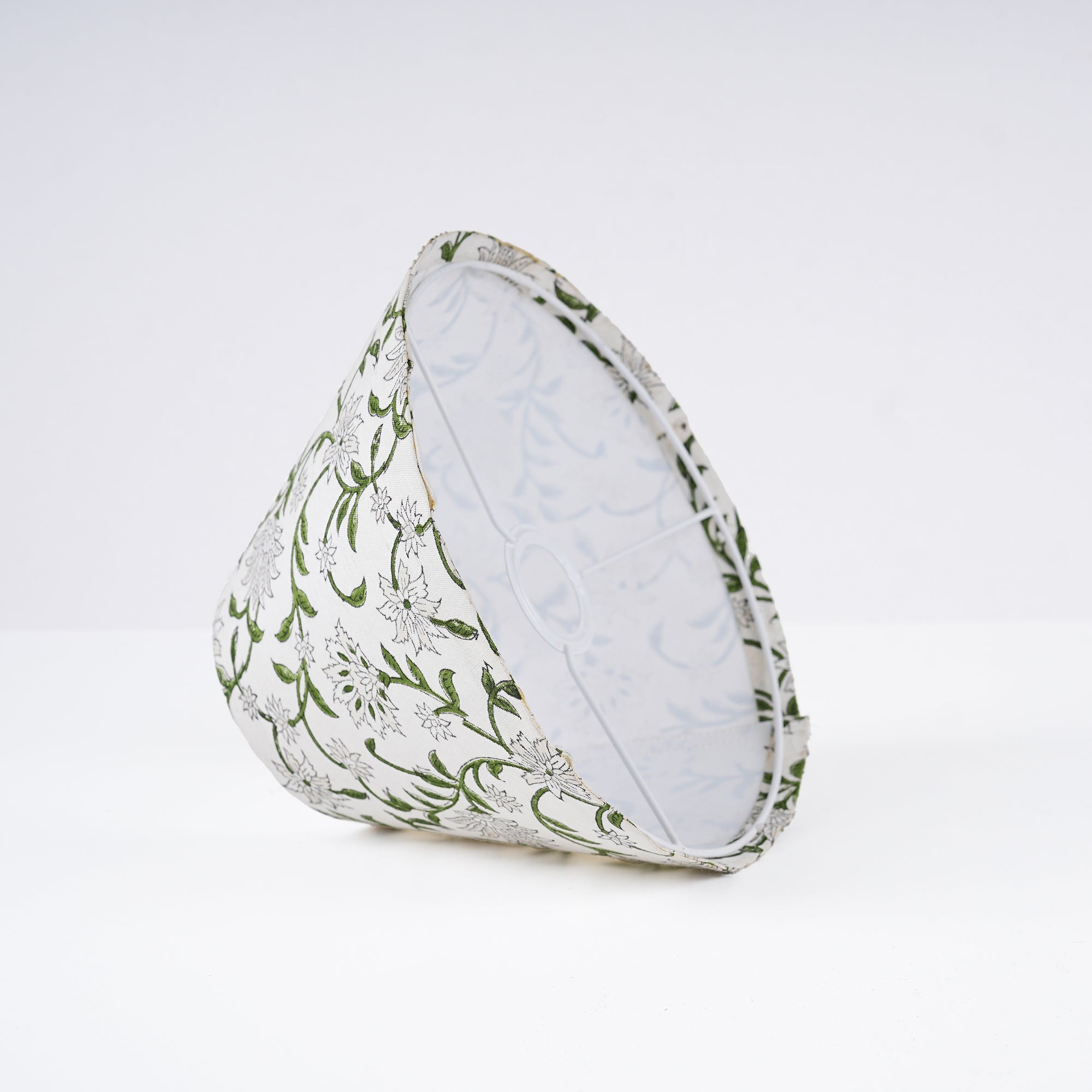 Hand Block Print Thick Cotton White Lampshade - Green Aradhana
