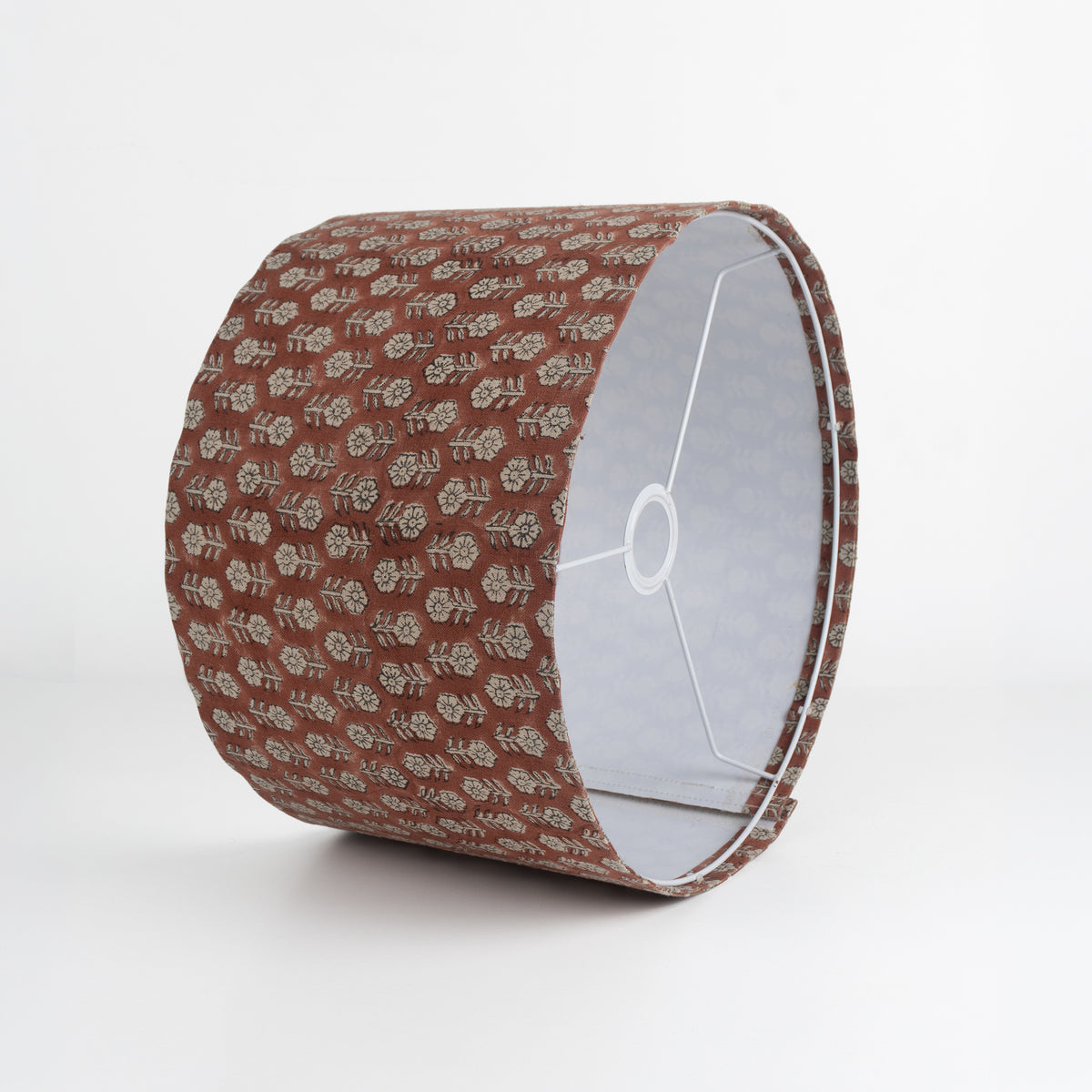 Block Print Drum Lampshade on Heavy Linen - Rust Tulsi Buti